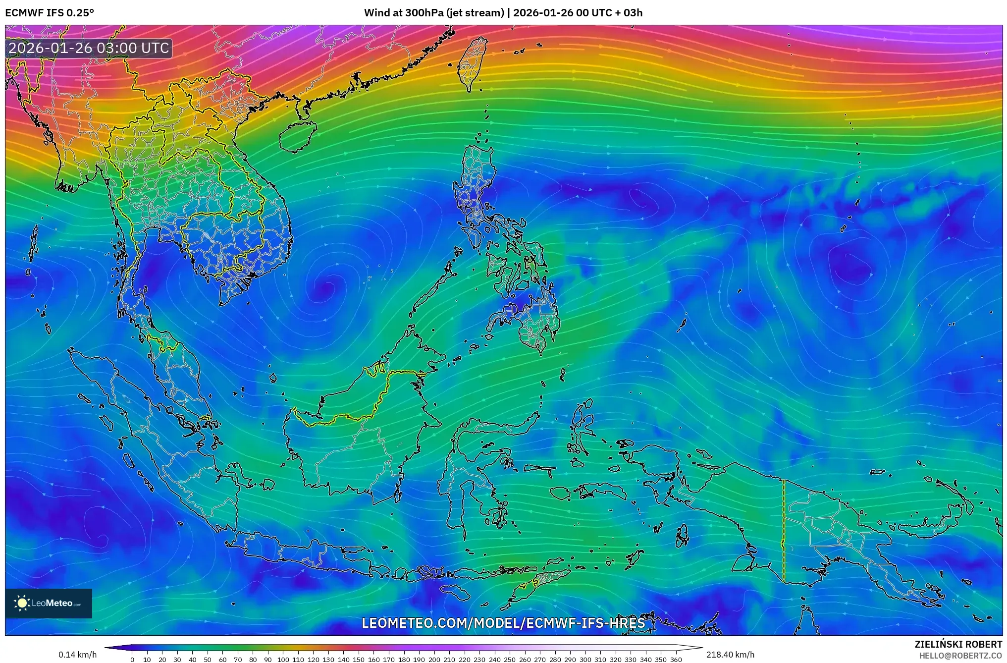 ECMWF IFS 0.25° model - South East Asia, Wind at 300hPa (jet stream)