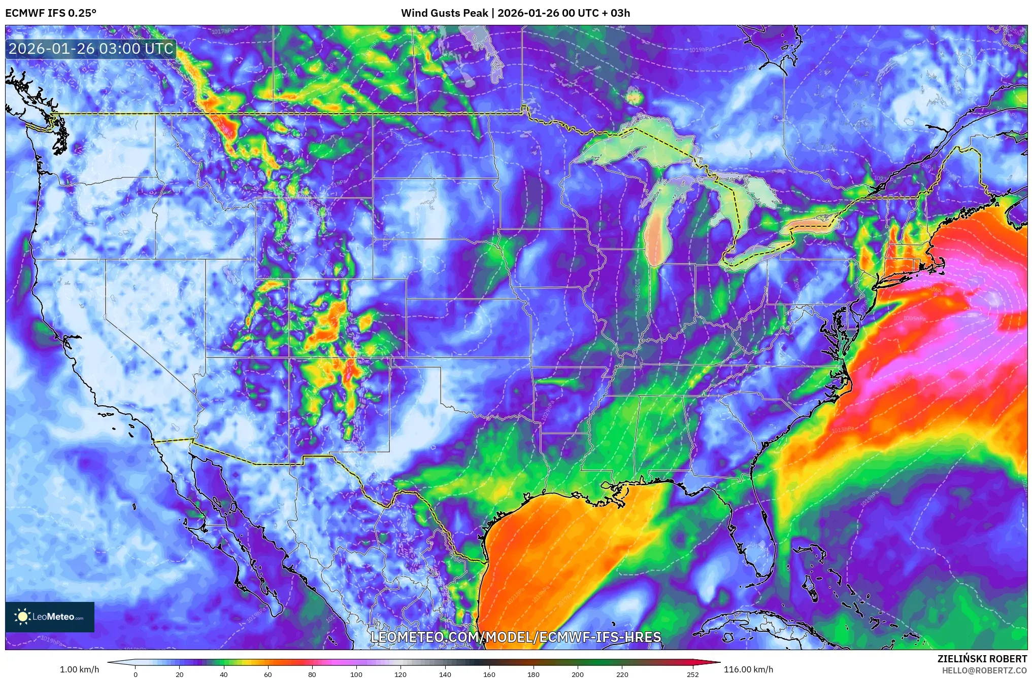 ECMWF IFS 0.25° model - United States, Wind Gusts Peak