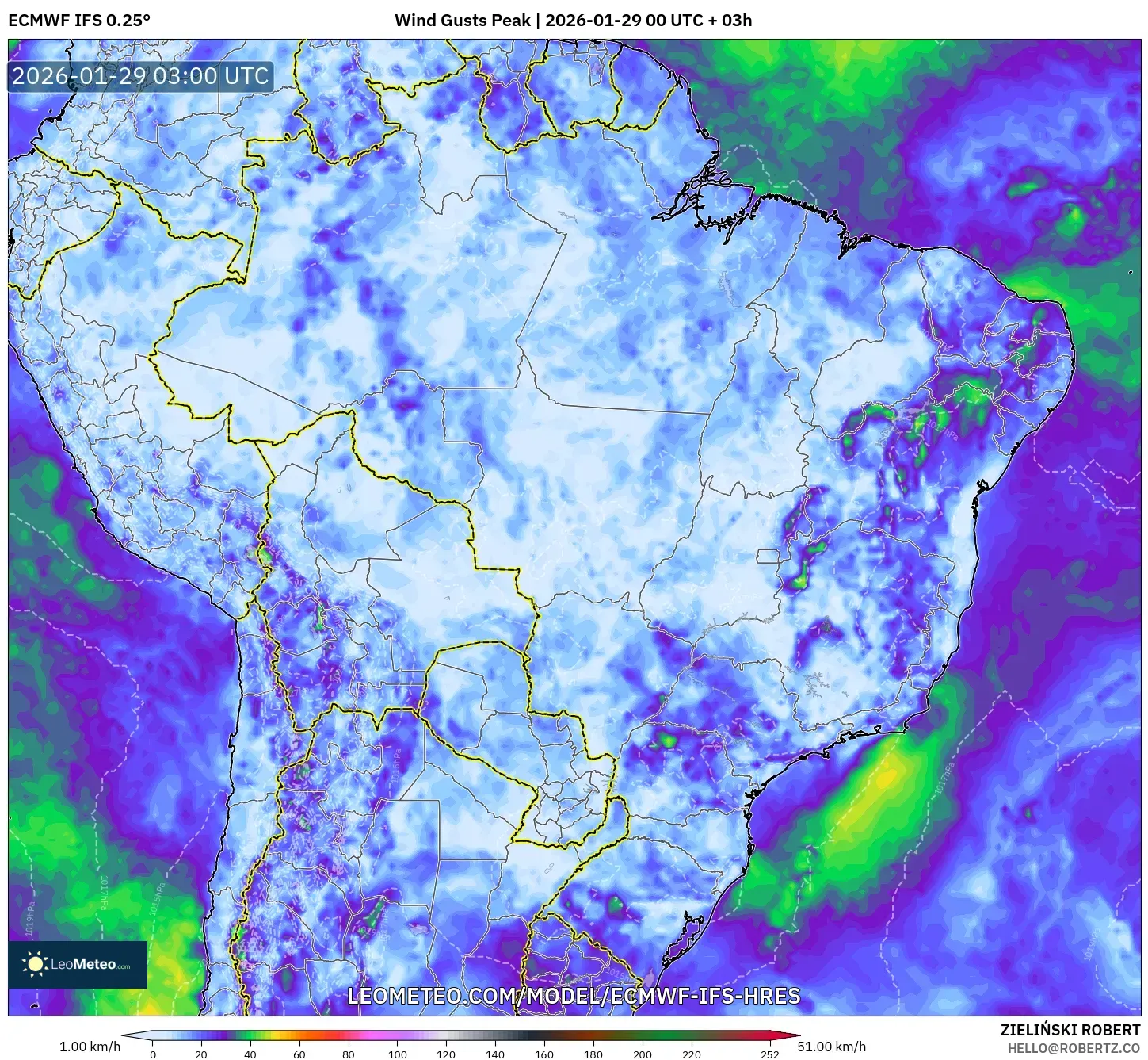 ECMWF IFS 0.25° model - Brazil, Wind Gusts Peak