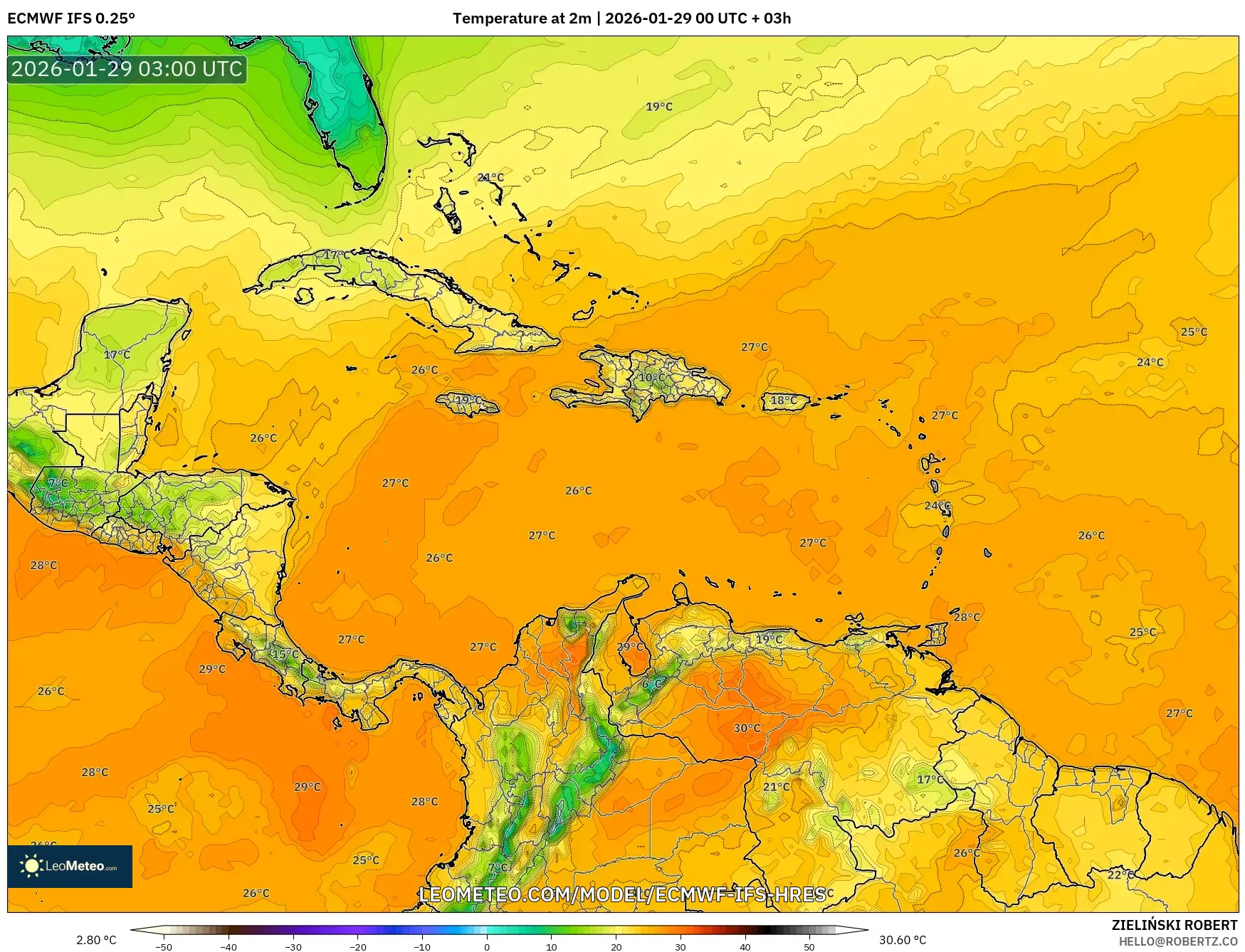 ECMWF IFS 0.25° model - Caribbean, Temperature at 2m