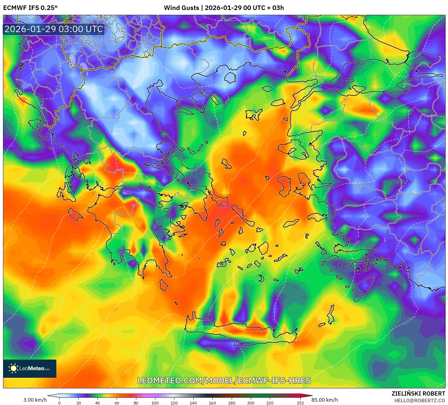 ECMWF IFS 0.25° model - Greece, Wind Gusts