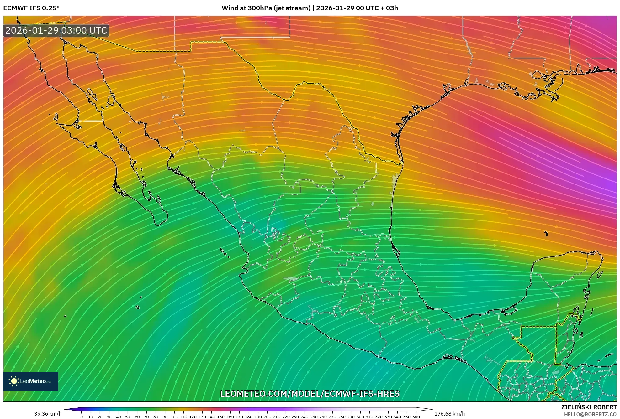 ECMWF IFS 0.25° model - Mexico, Wind at 300hPa (jet stream)