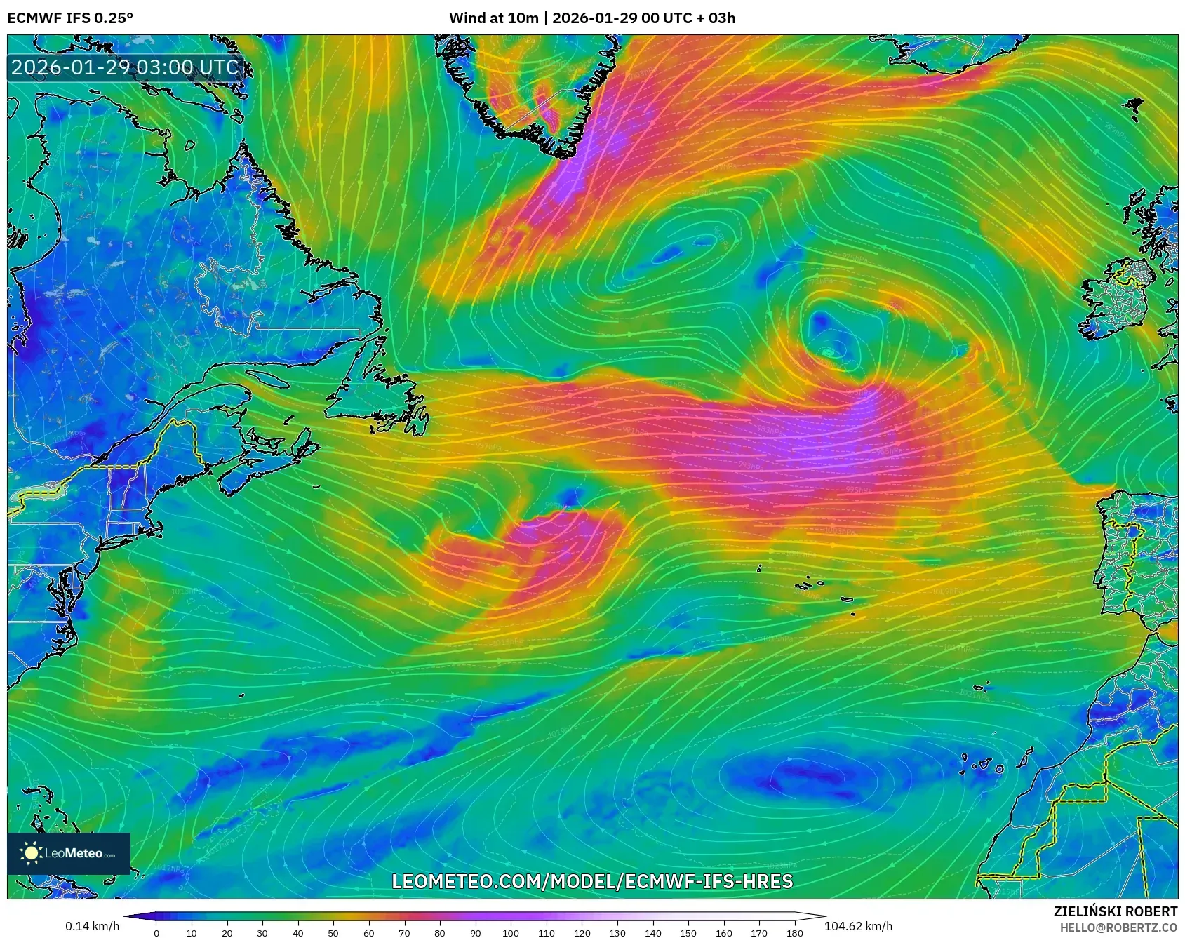 ECMWF IFS 0.25° model - North Atlantic, Wind at 10m