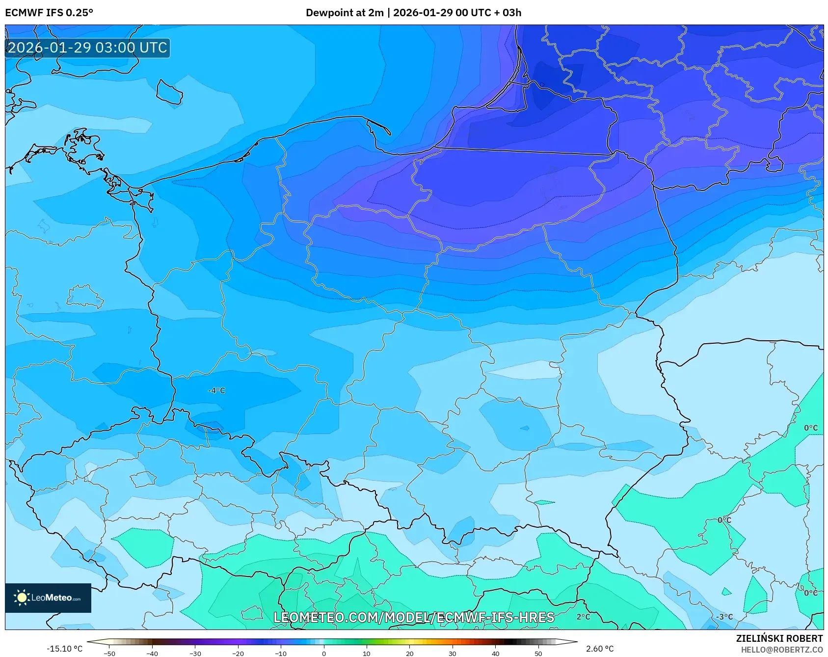 ECMWF IFS 0.25° model - Poland, Dewpoint at 2m