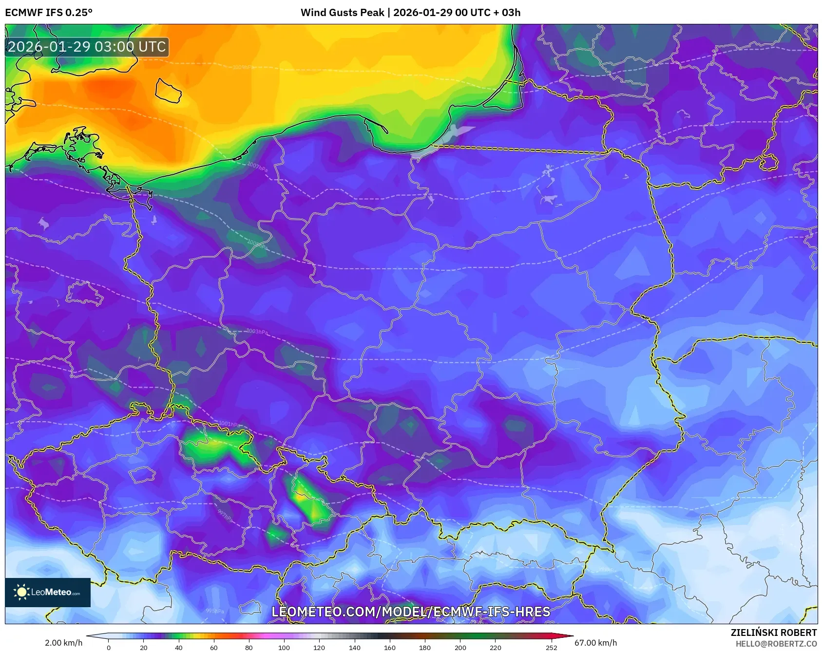 ECMWF IFS 0.25° model - Poland, Wind Gusts Peak
