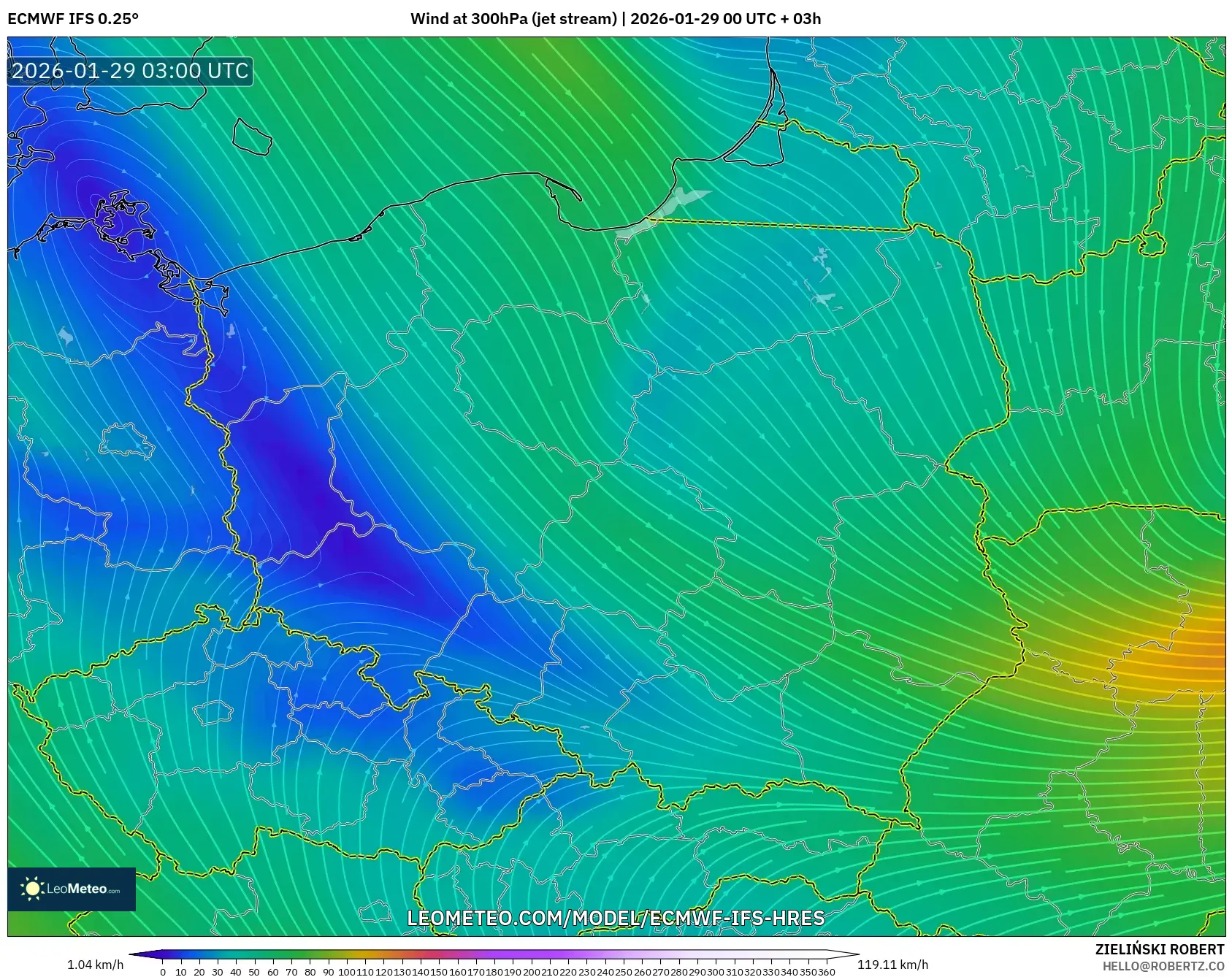 ECMWF IFS 0.25° model - Poland, Wind at 300hPa (jet stream)
