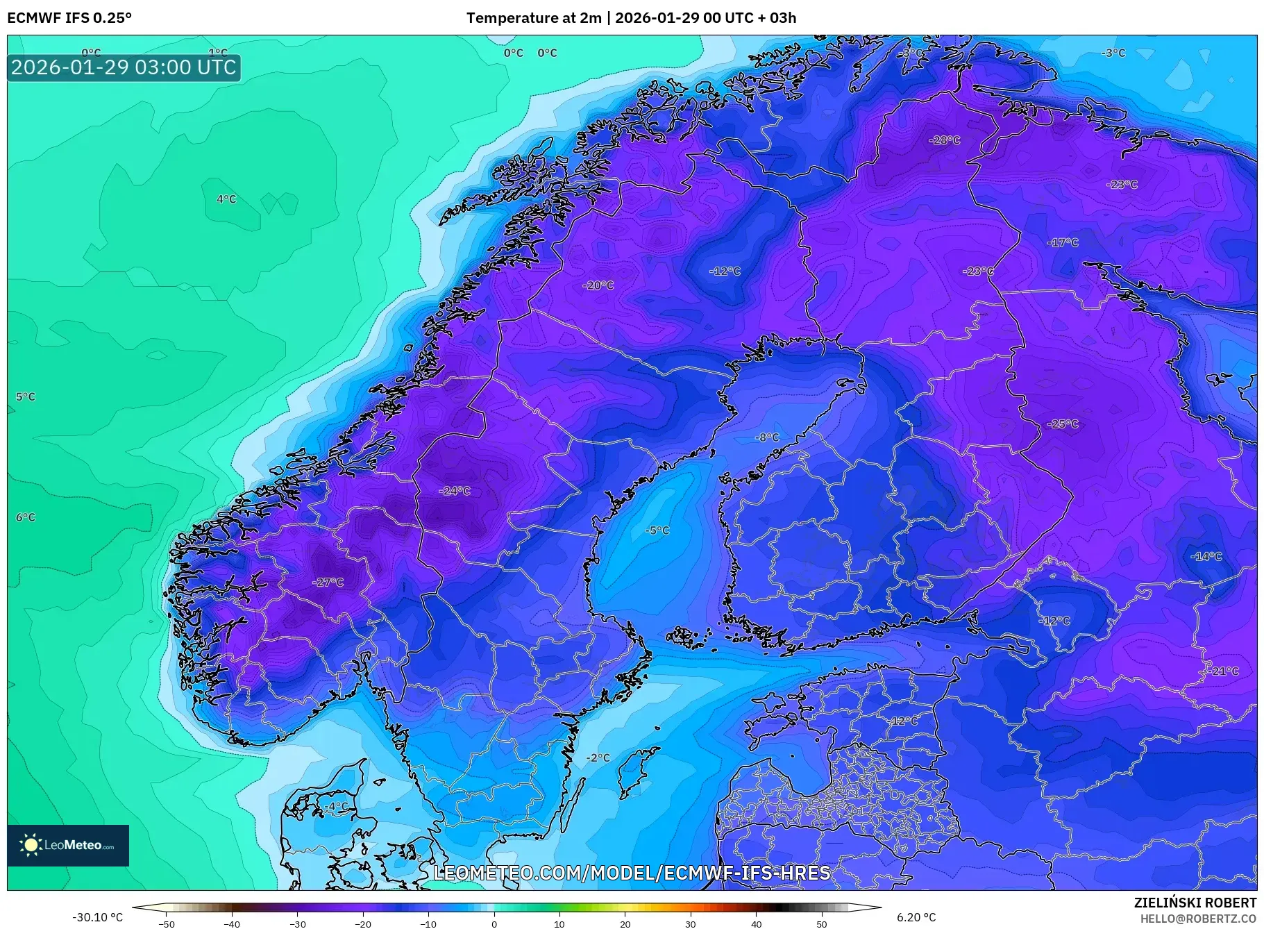 ECMWF IFS 0.25° model - Scandinavia, Temperature at 2m