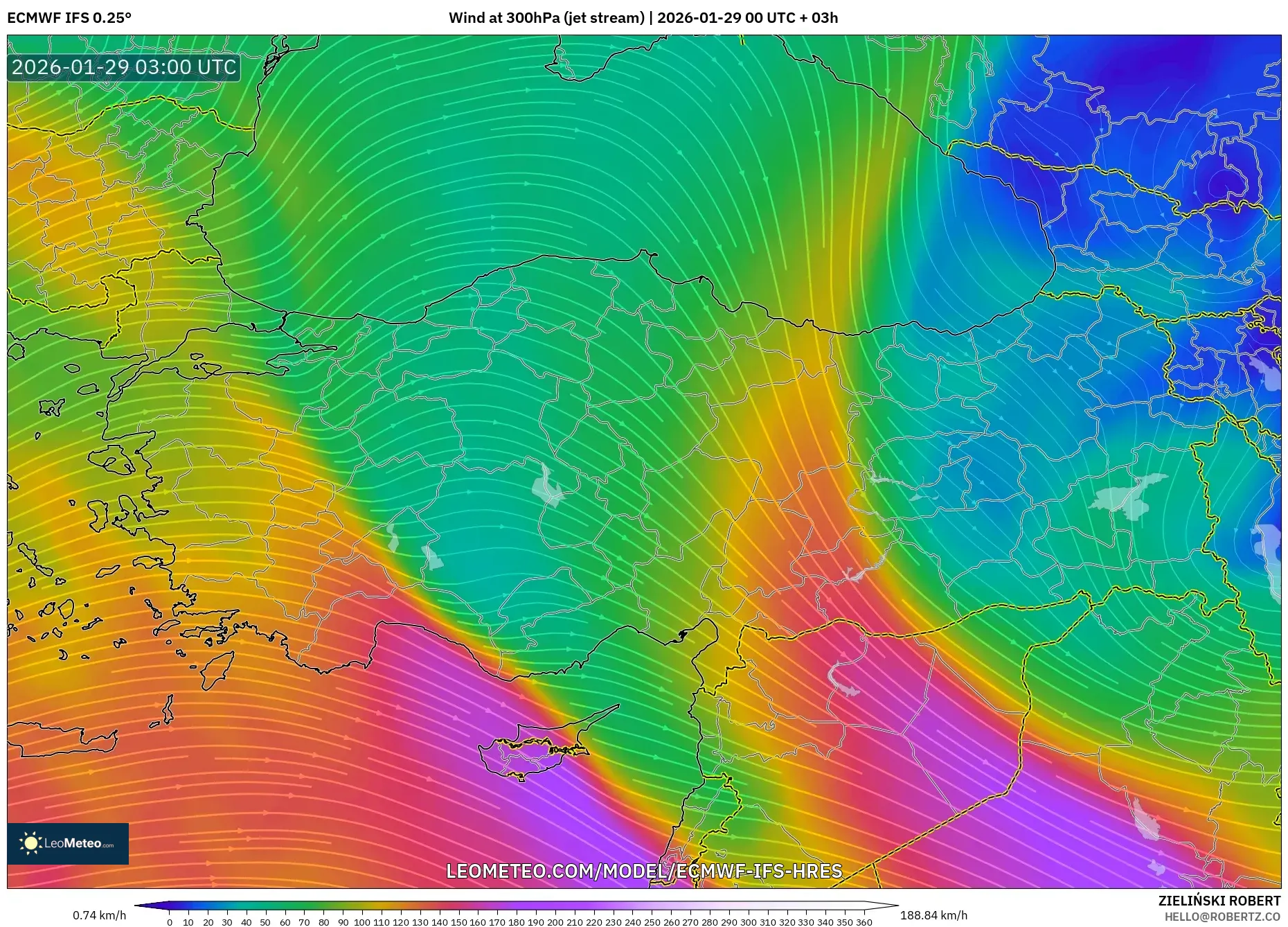 ECMWF IFS 0.25° model - Turkey, Wind at 300hPa (jet stream)