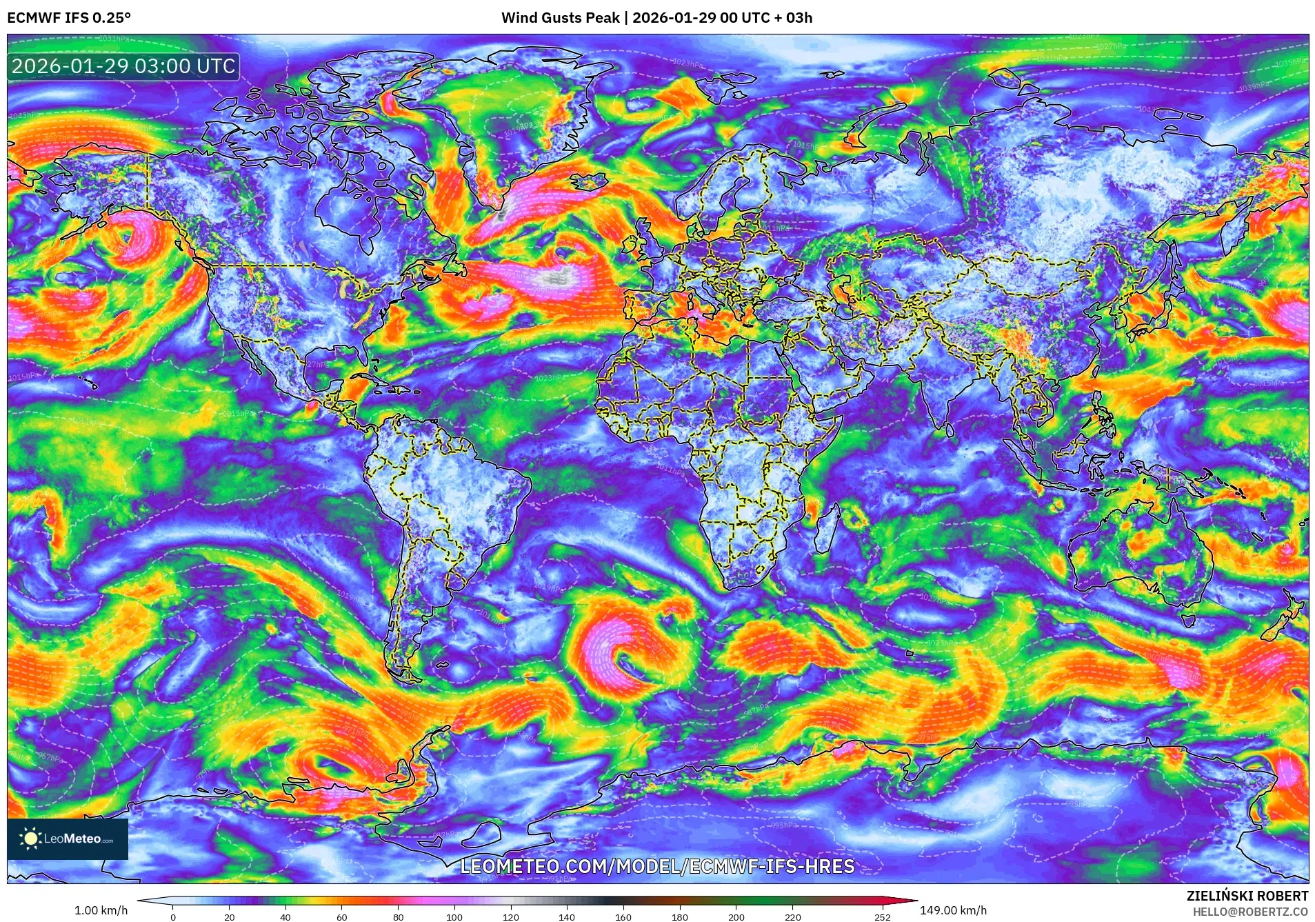 ECMWF IFS 0.25° model - World, Wind Gusts Peak