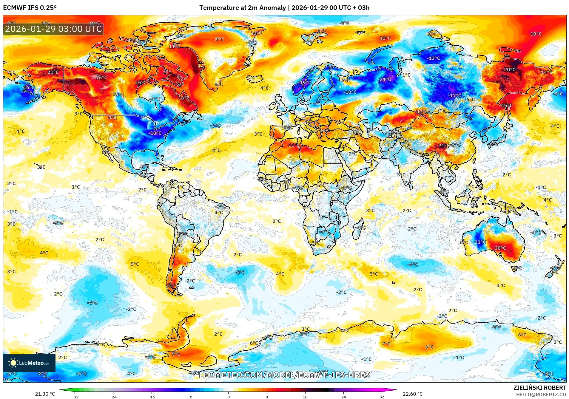 ECMWF IFS 0.25° model - World, Temperature at 2m Anomaly