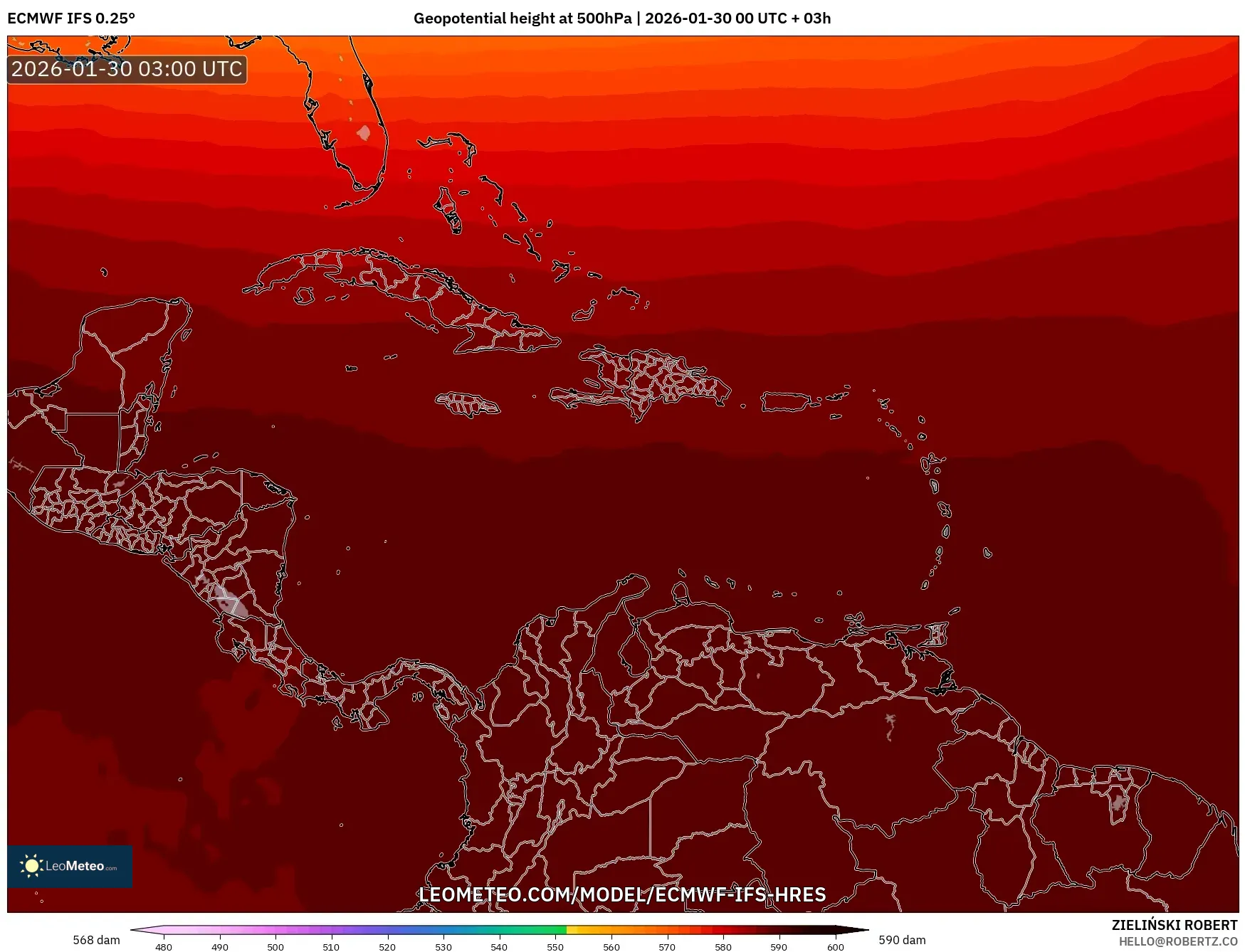 ECMWF IFS 0.25° model - Caribbean, Geopotential height at 500hPa