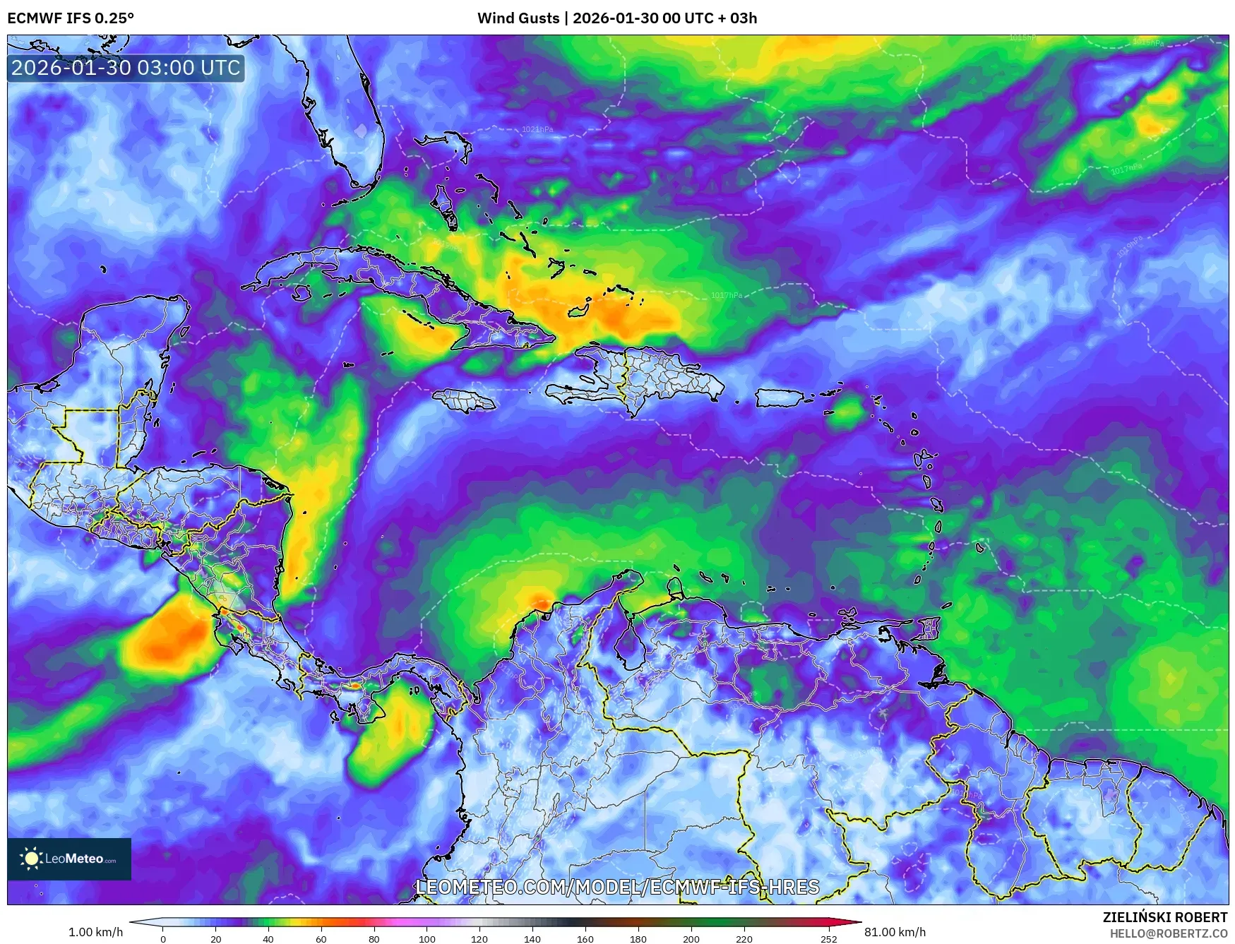 ECMWF IFS 0.25° model - Caribbean, Wind Gusts