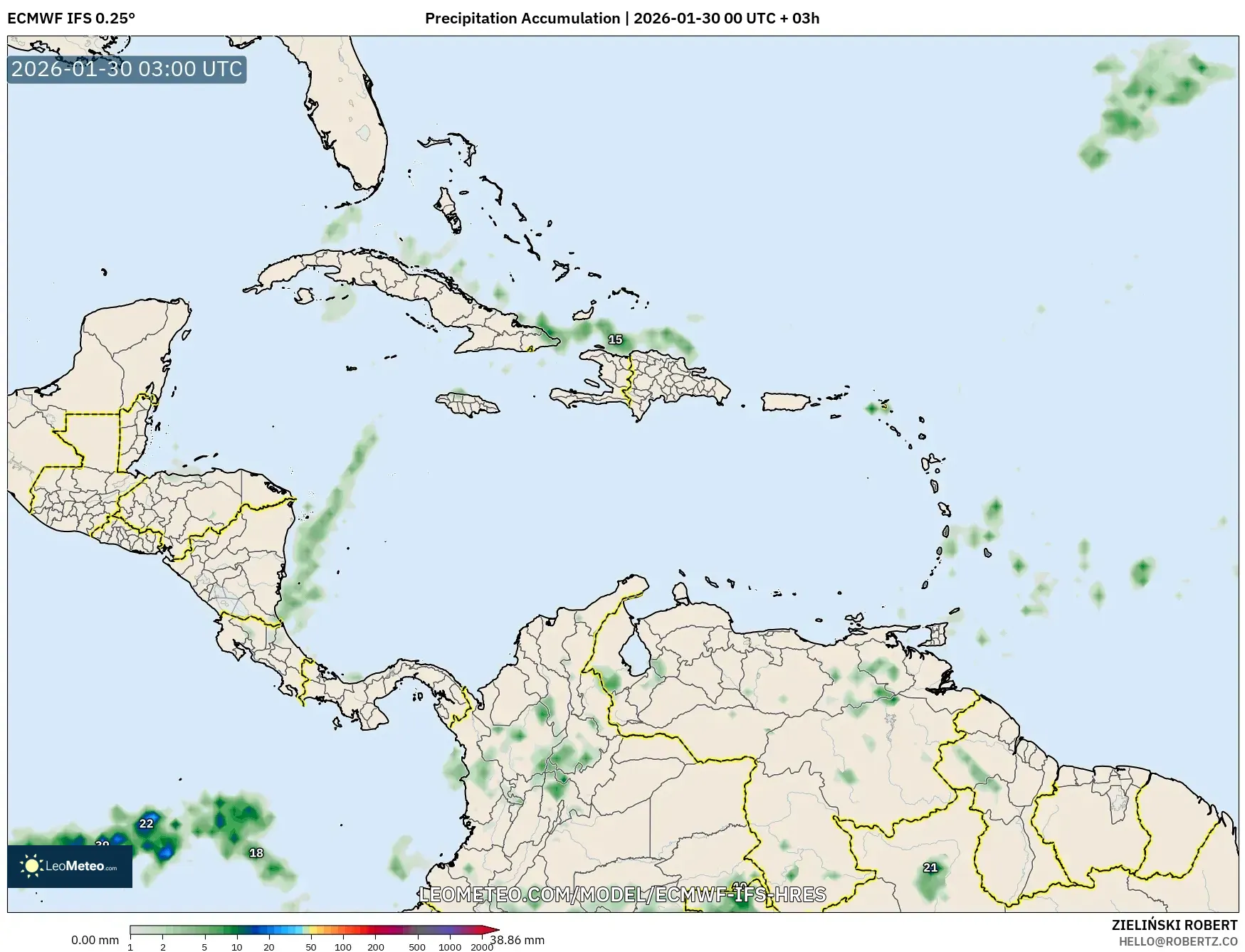 ECMWF IFS 0.25° model - Caribbean, Precipitation Accumulation