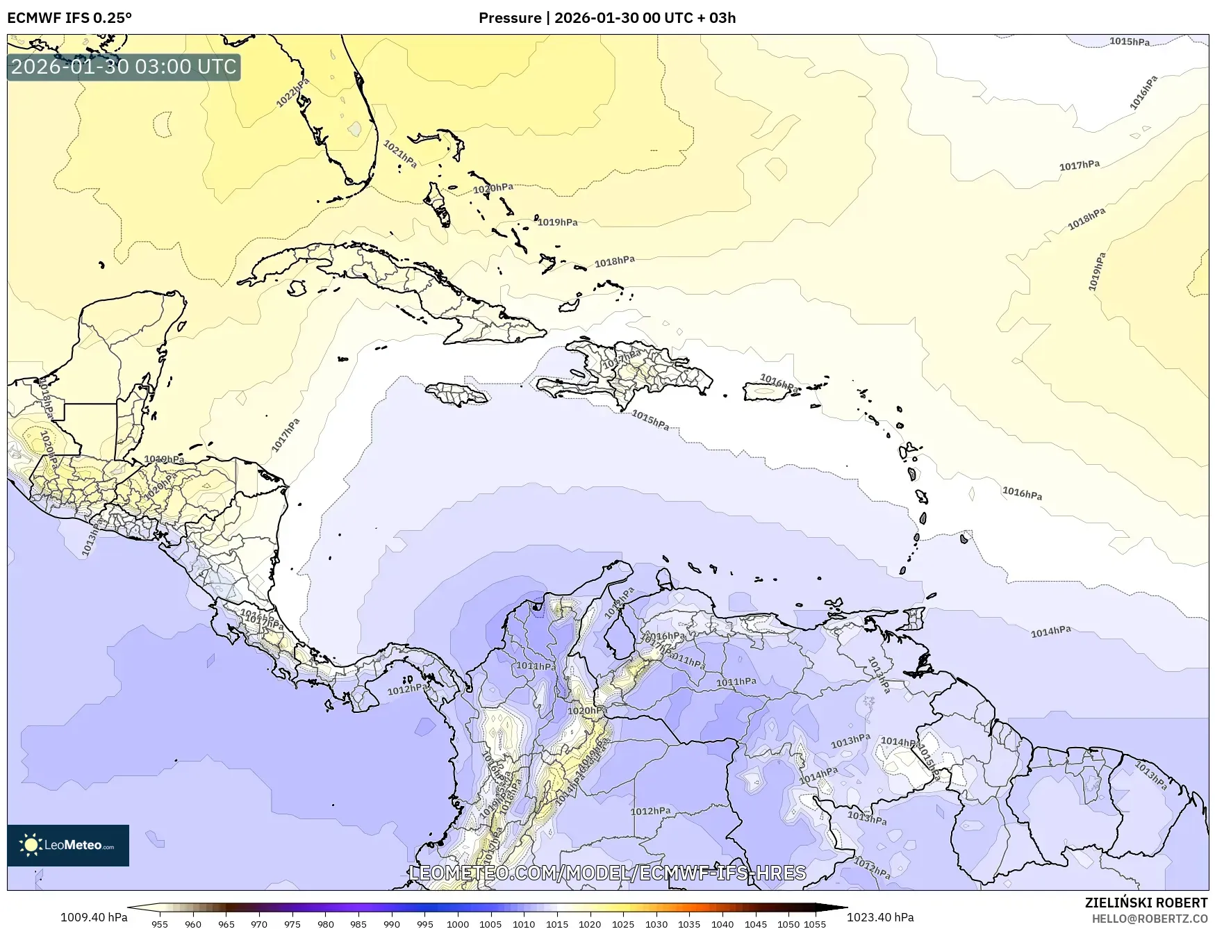 ECMWF IFS 0.25° model - Caribbean, Pressure