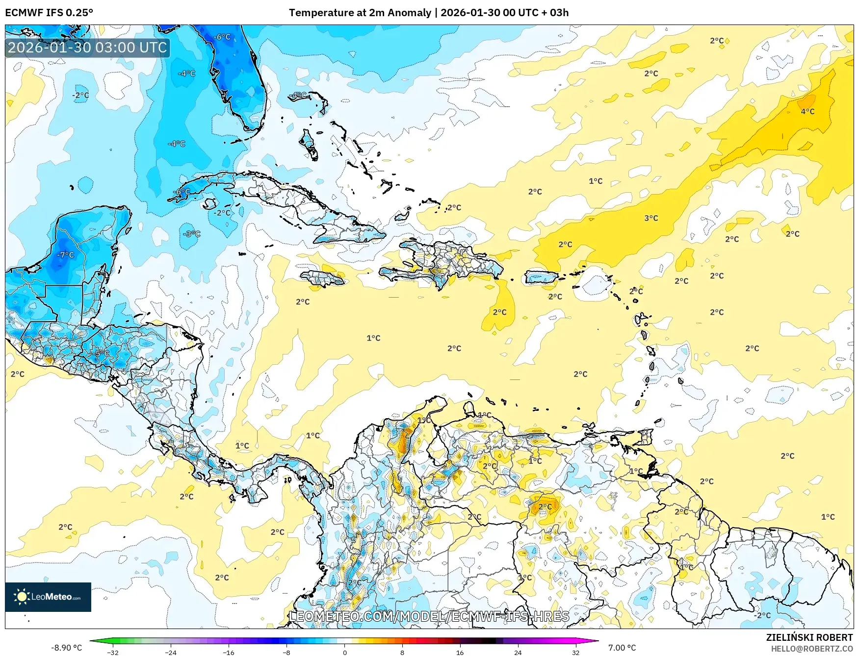 ECMWF IFS 0.25° model - Caribbean, Temperature at 2m Anomaly