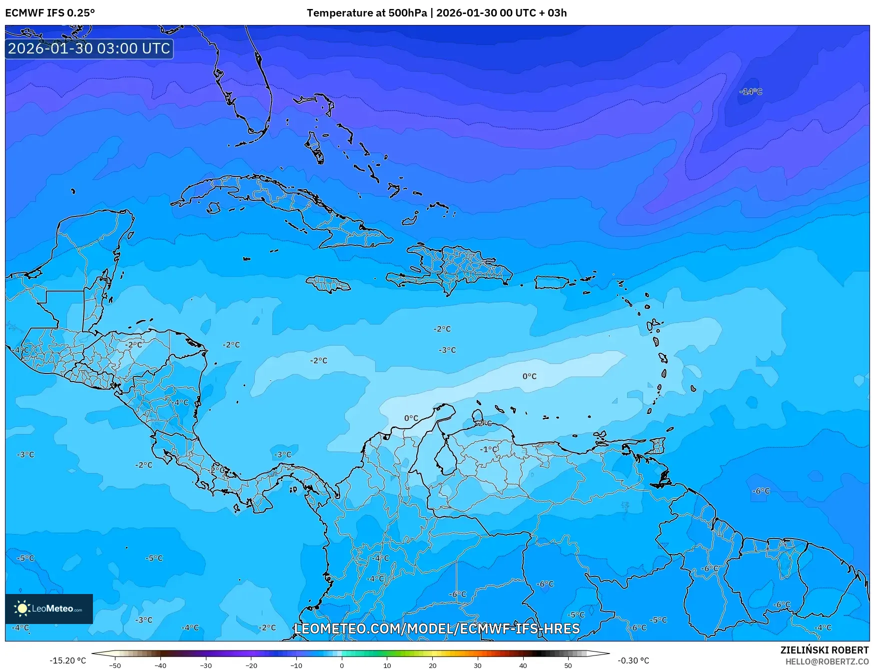 ECMWF IFS 0.25° model - Caribbean, Temperature at 500hPa