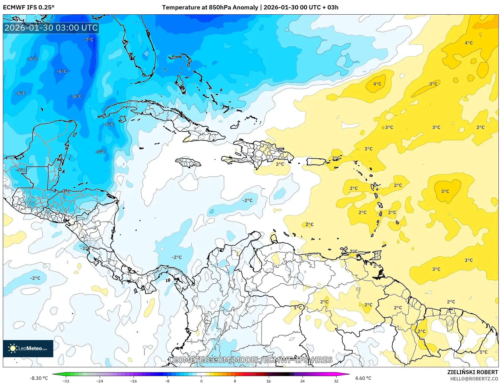 ECMWF IFS 0.25° model - Caribbean, Temperature at 850hPa Anomaly