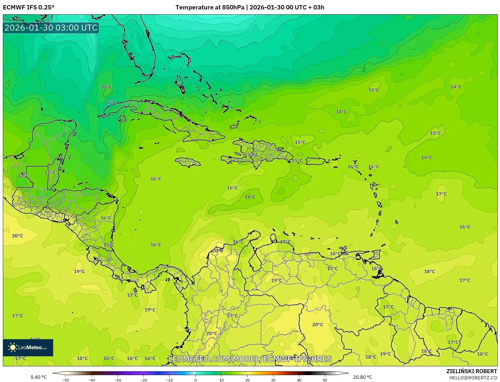 ECMWF IFS 0.25° model - Caribbean, Temperature at 850hPa