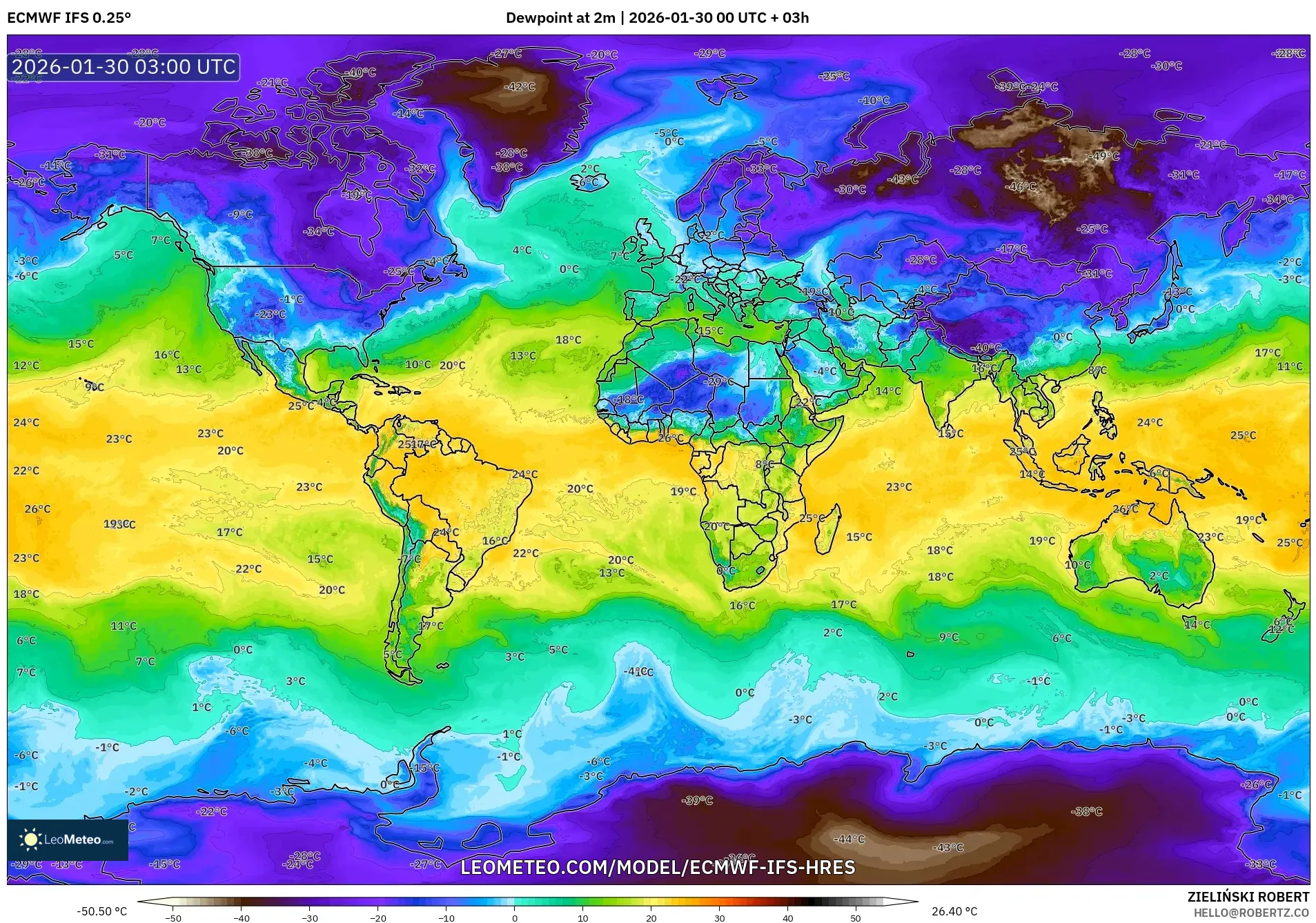 ECMWF IFS 0.25° model - World, Dewpoint at 2m