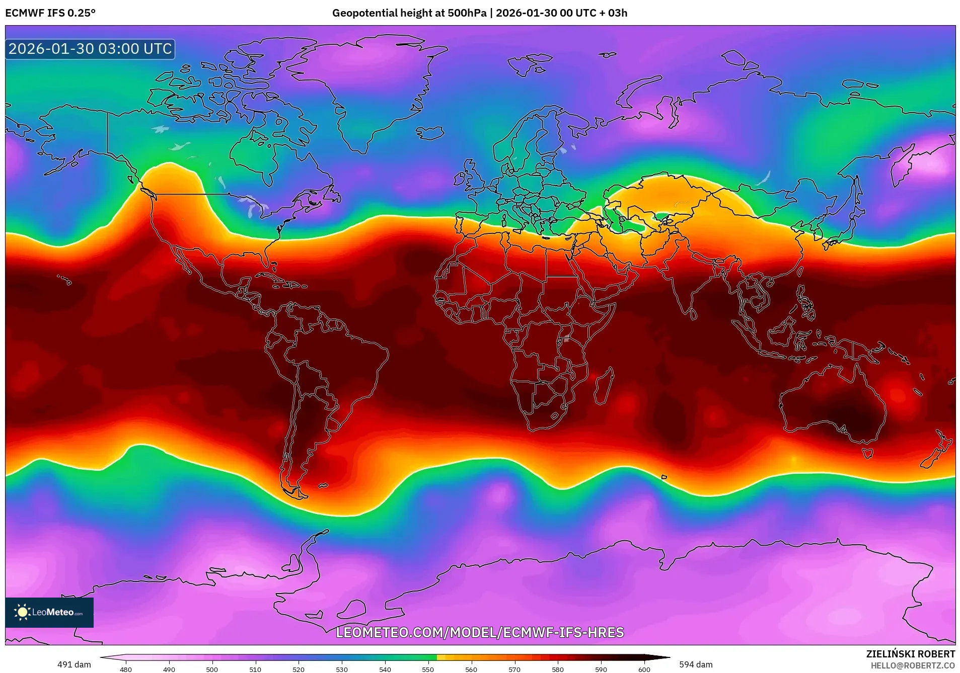 ECMWF IFS 0.25° model - World, Geopotential height at 500hPa