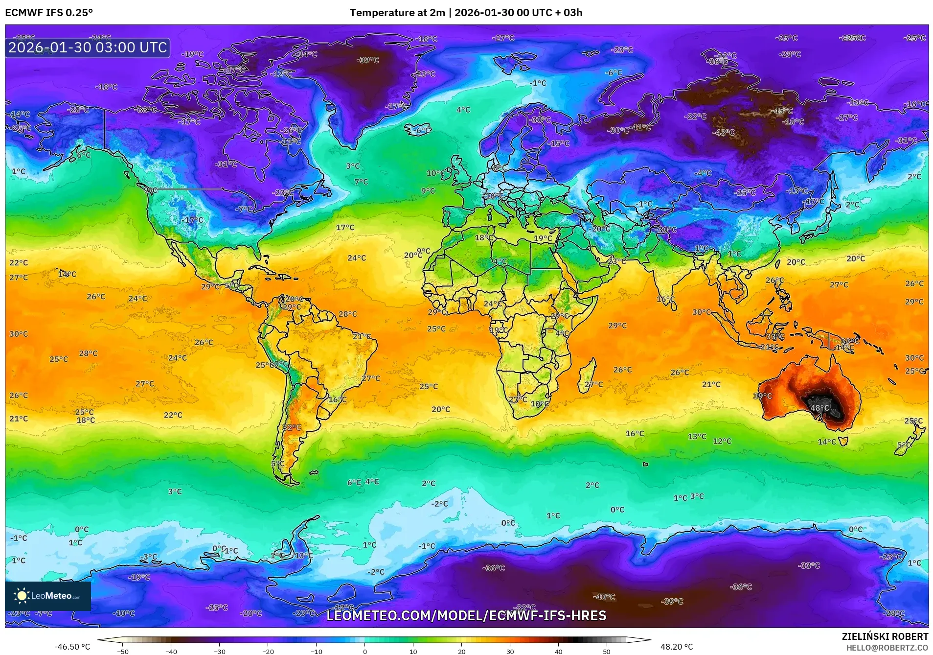 ECMWF IFS 0.25° model - World, Temperature at 2m