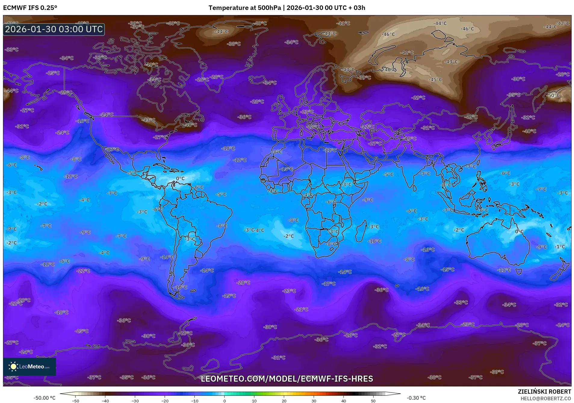 ECMWF IFS 0.25° model - World, Temperature at 500hPa