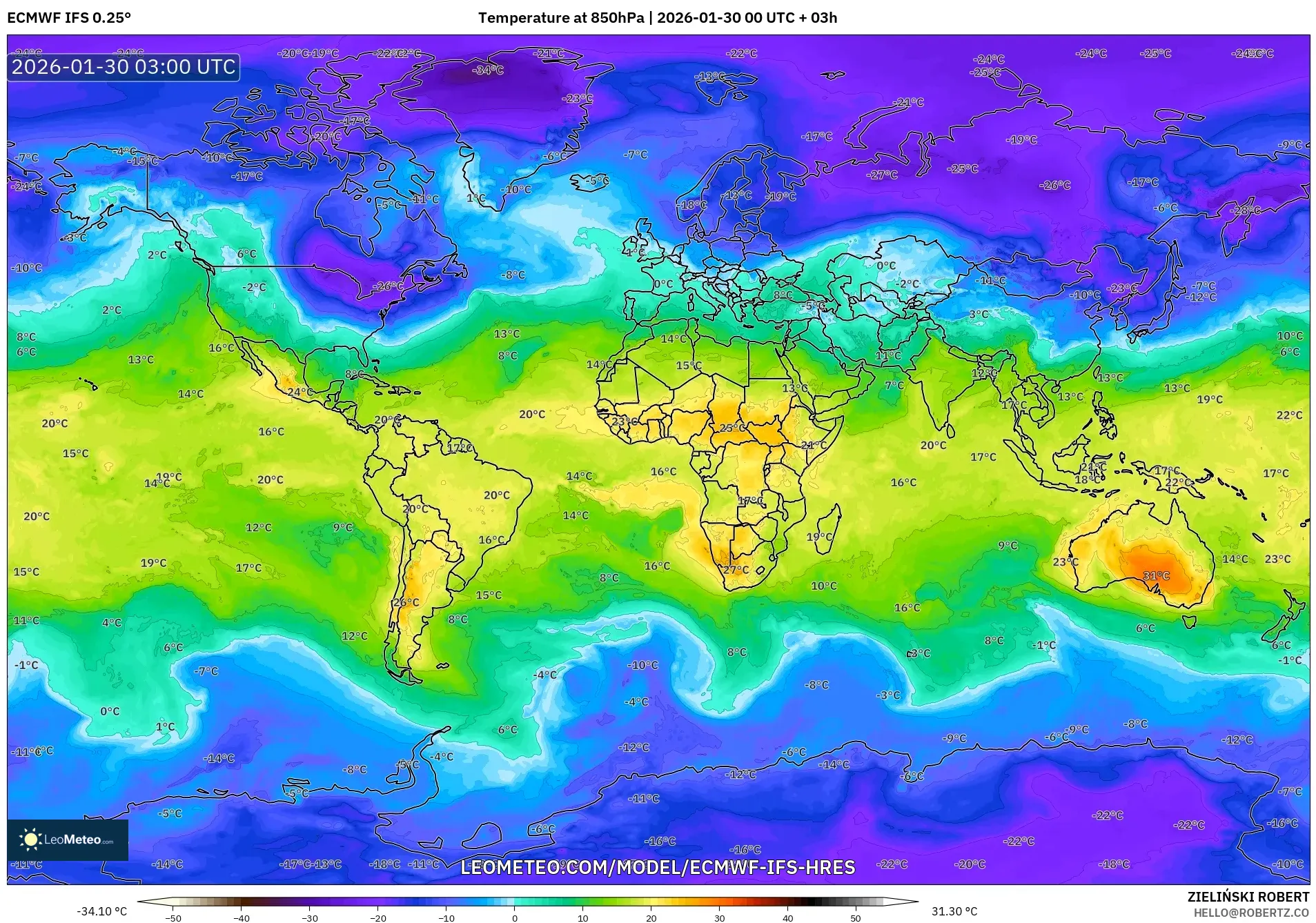ECMWF IFS 0.25° model - World, Temperature at 850hPa