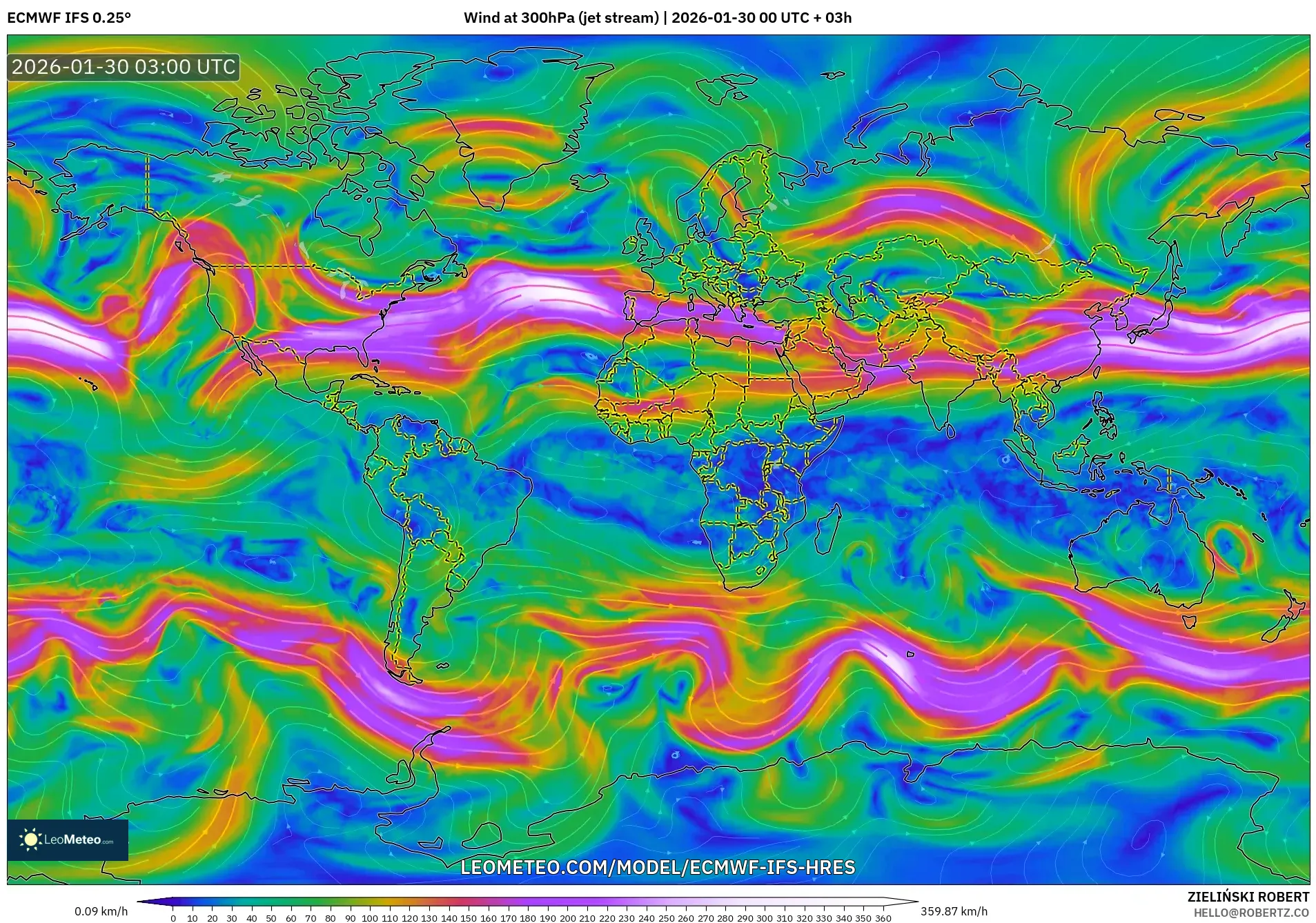 ECMWF IFS 0.25° model - World, Wind at 300hPa (jet stream)