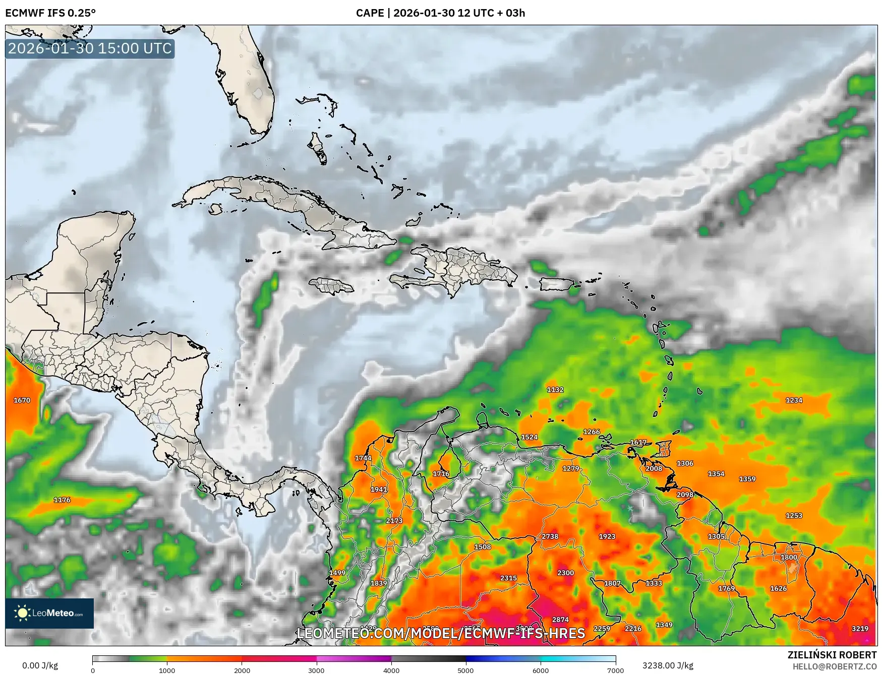 ECMWF IFS 0.25° model - Caribbean, CAPE
