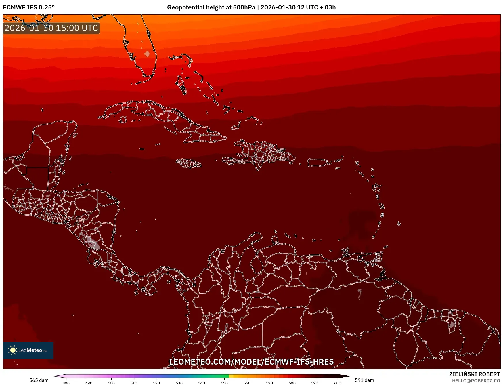 ECMWF IFS 0.25° model - Caribbean, Geopotential height at 500hPa