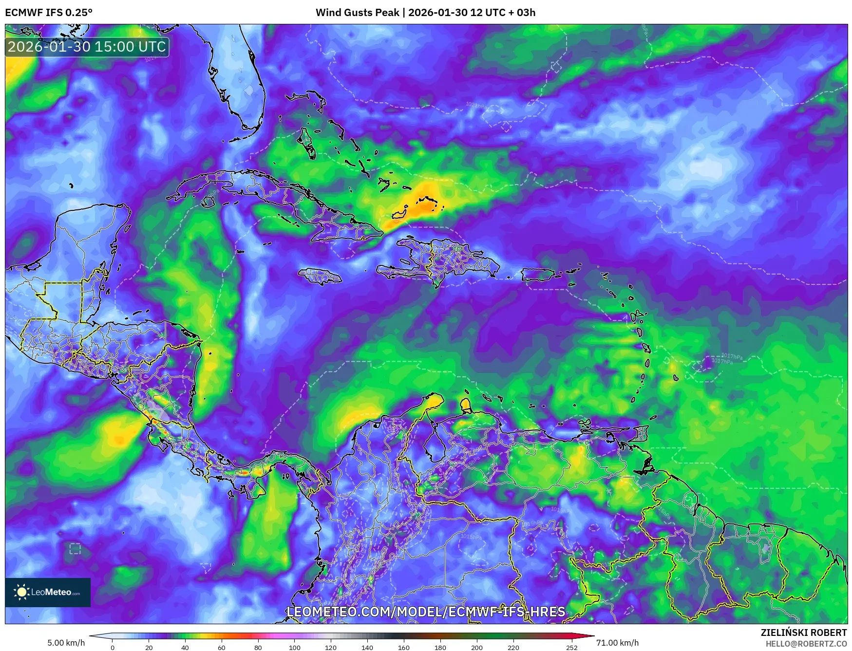 ECMWF IFS 0.25° model - Caribbean, Wind Gusts Peak
