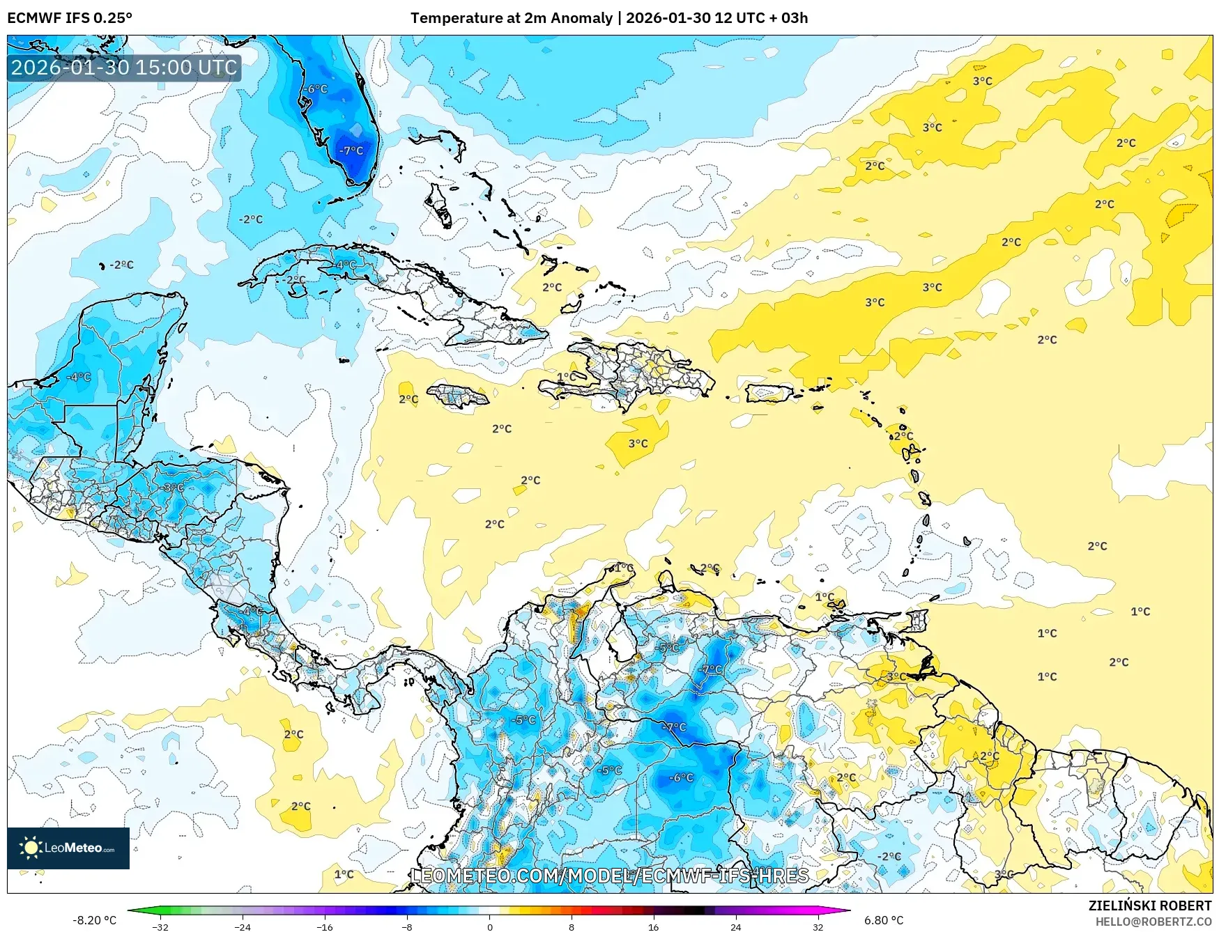 ECMWF IFS 0.25° model - Caribbean, Temperature at 2m Anomaly