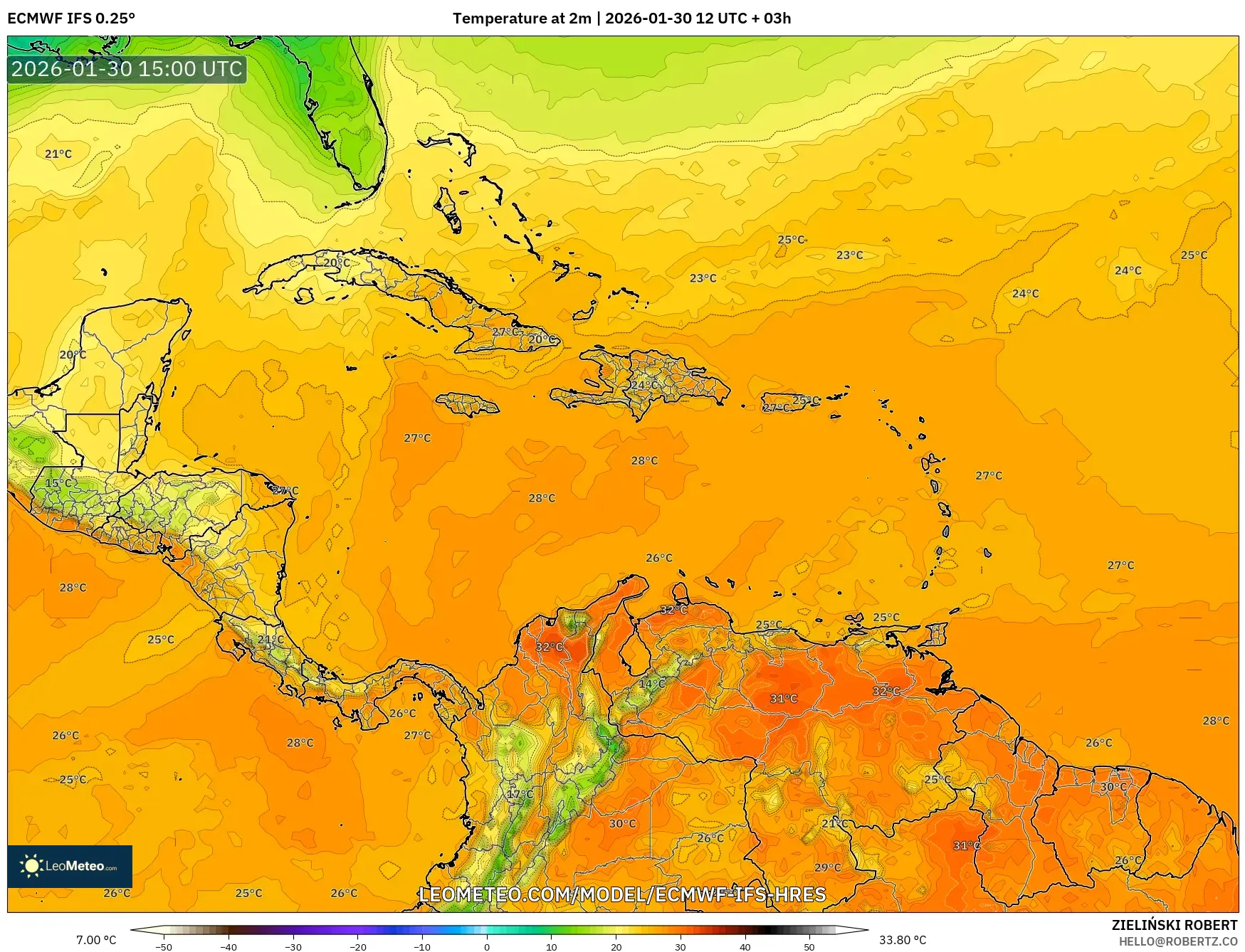 ECMWF IFS 0.25° model - Caribbean, Temperature at 2m