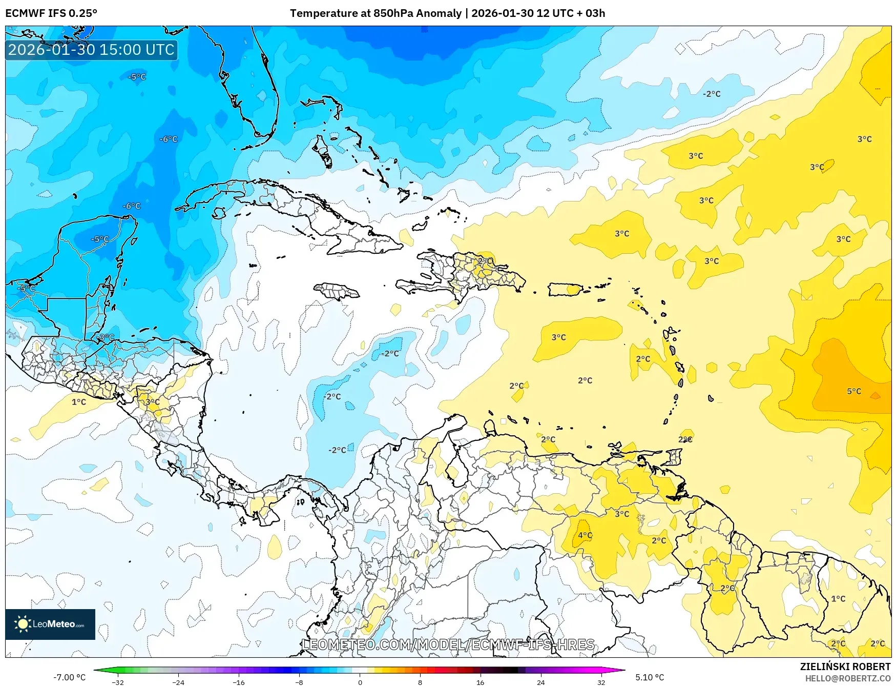 ECMWF IFS 0.25° model - Caribbean, Temperature at 850hPa Anomaly