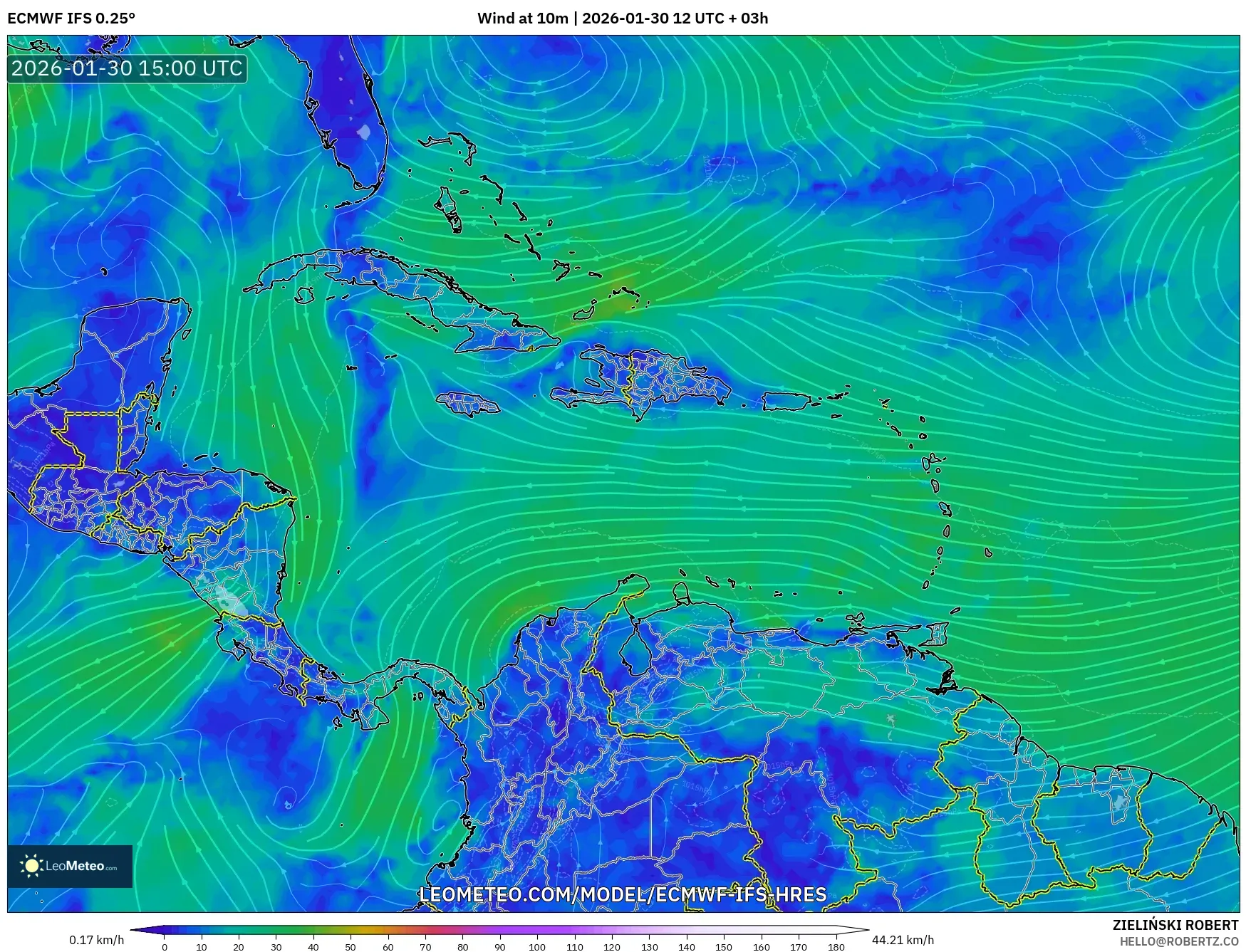 ECMWF IFS 0.25° model - Caribbean, Wind at 10m