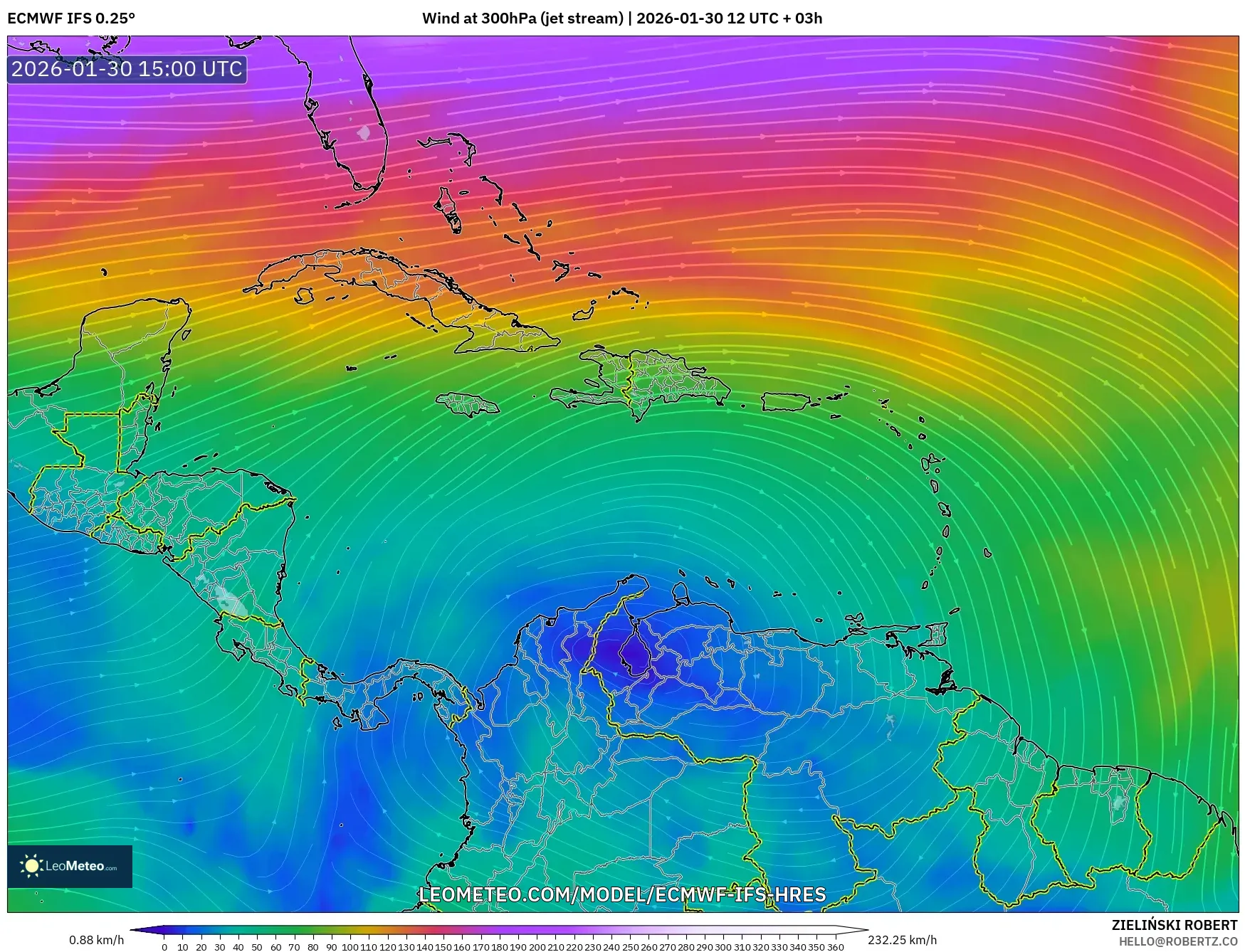 ECMWF IFS 0.25° model - Caribbean, Wind at 300hPa (jet stream)