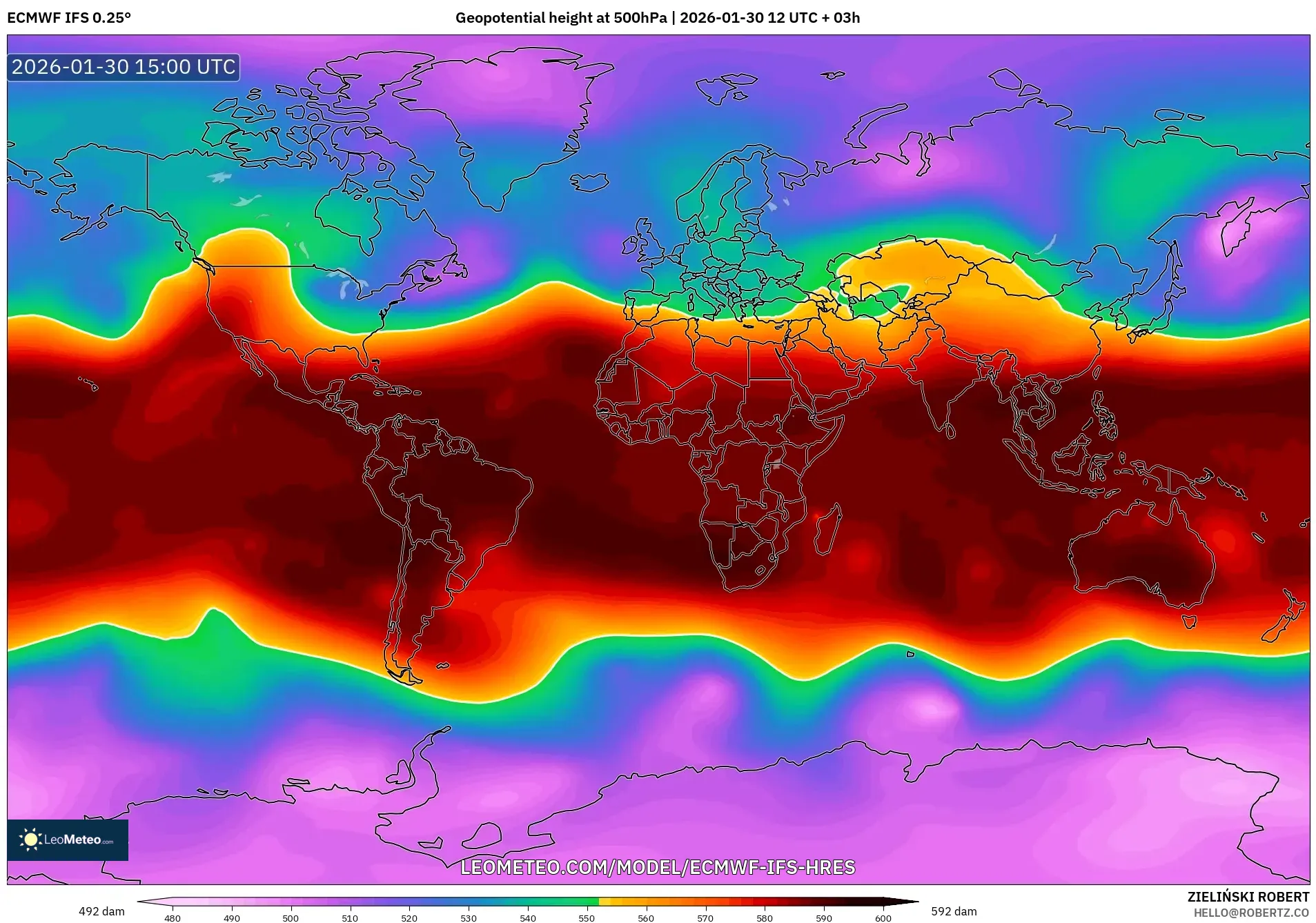 ECMWF IFS 0.25° model - World, Geopotential height at 500hPa