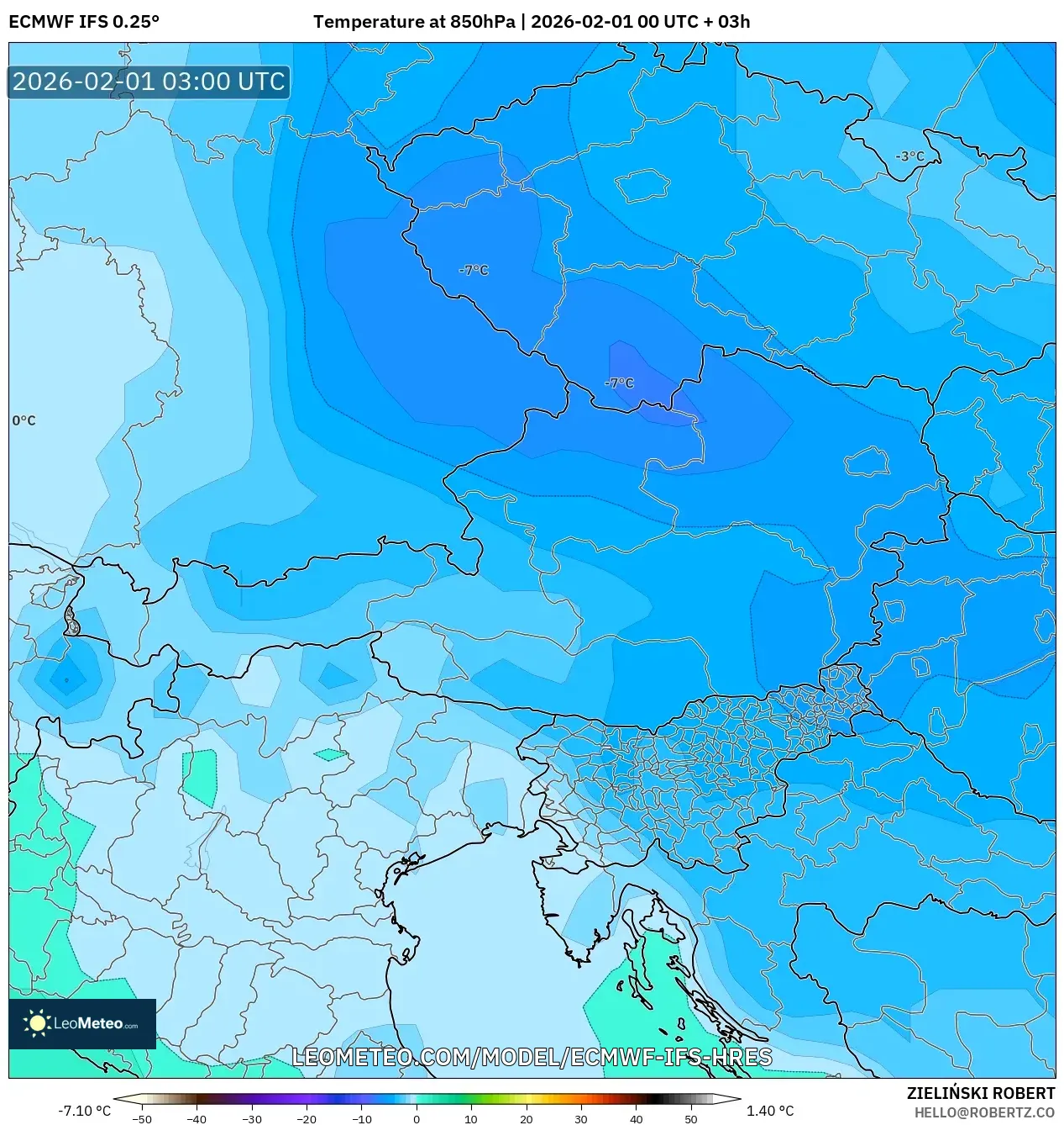 ECMWF IFS 0.25° model - Austria, Temperature at 850hPa