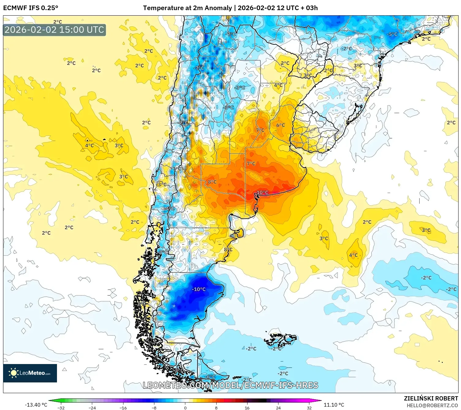 ECMWF IFS 0.25° model - Argentina, Temperature at 2m Anomaly