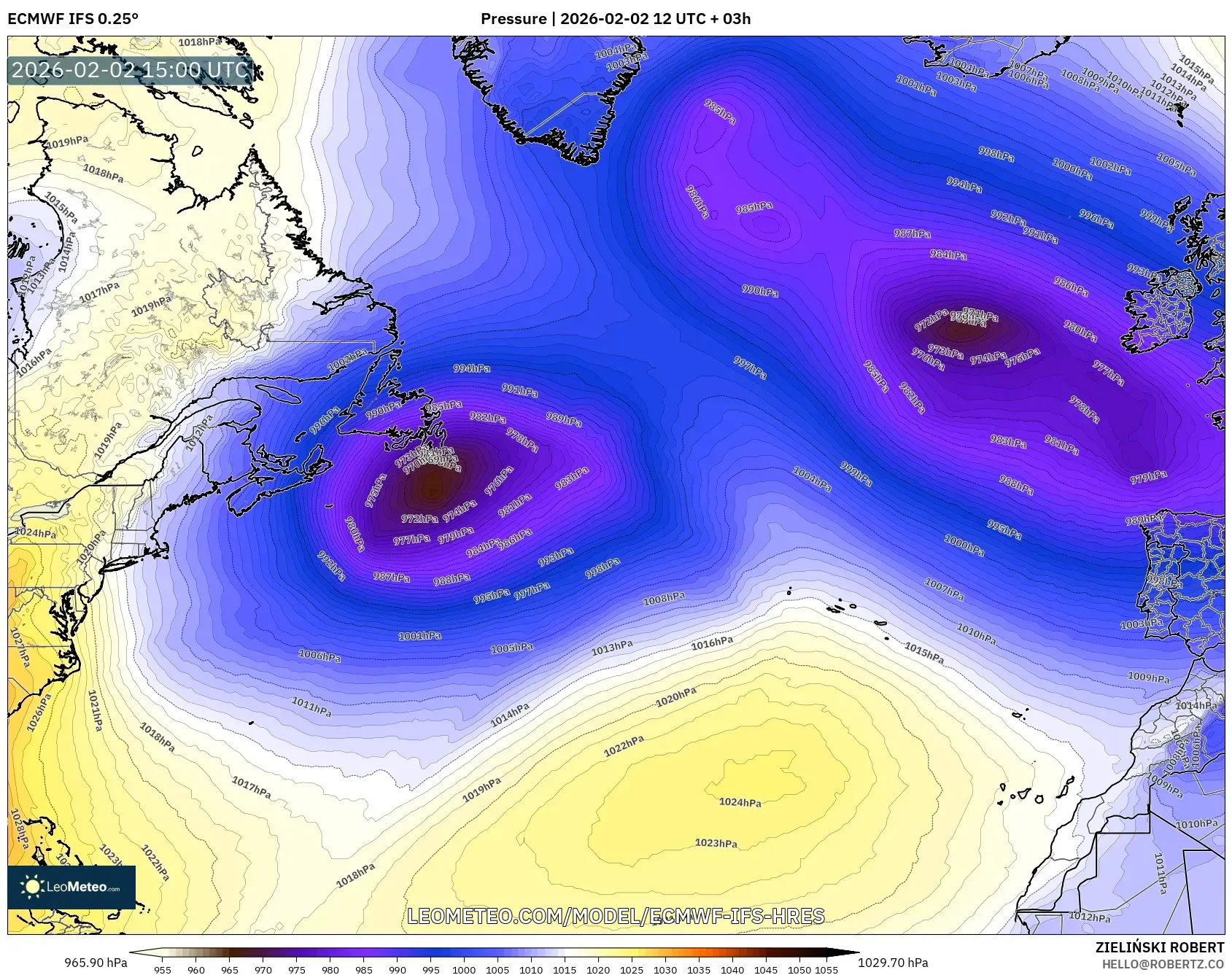 ECMWF IFS 0.25° model - North Atlantic, Pressure
