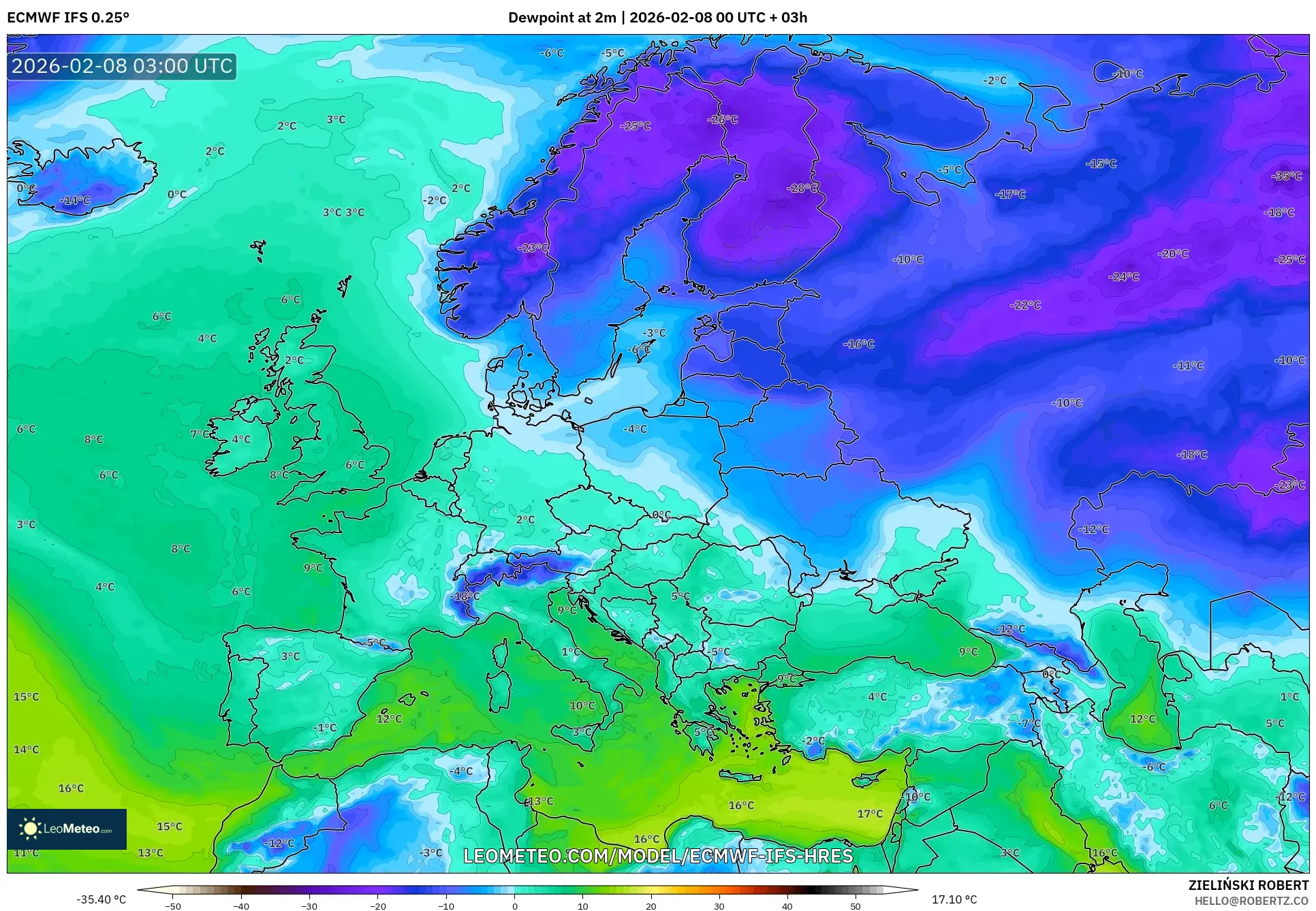 ECMWF IFS 0.25° model - Europe, Dewpoint at 2m