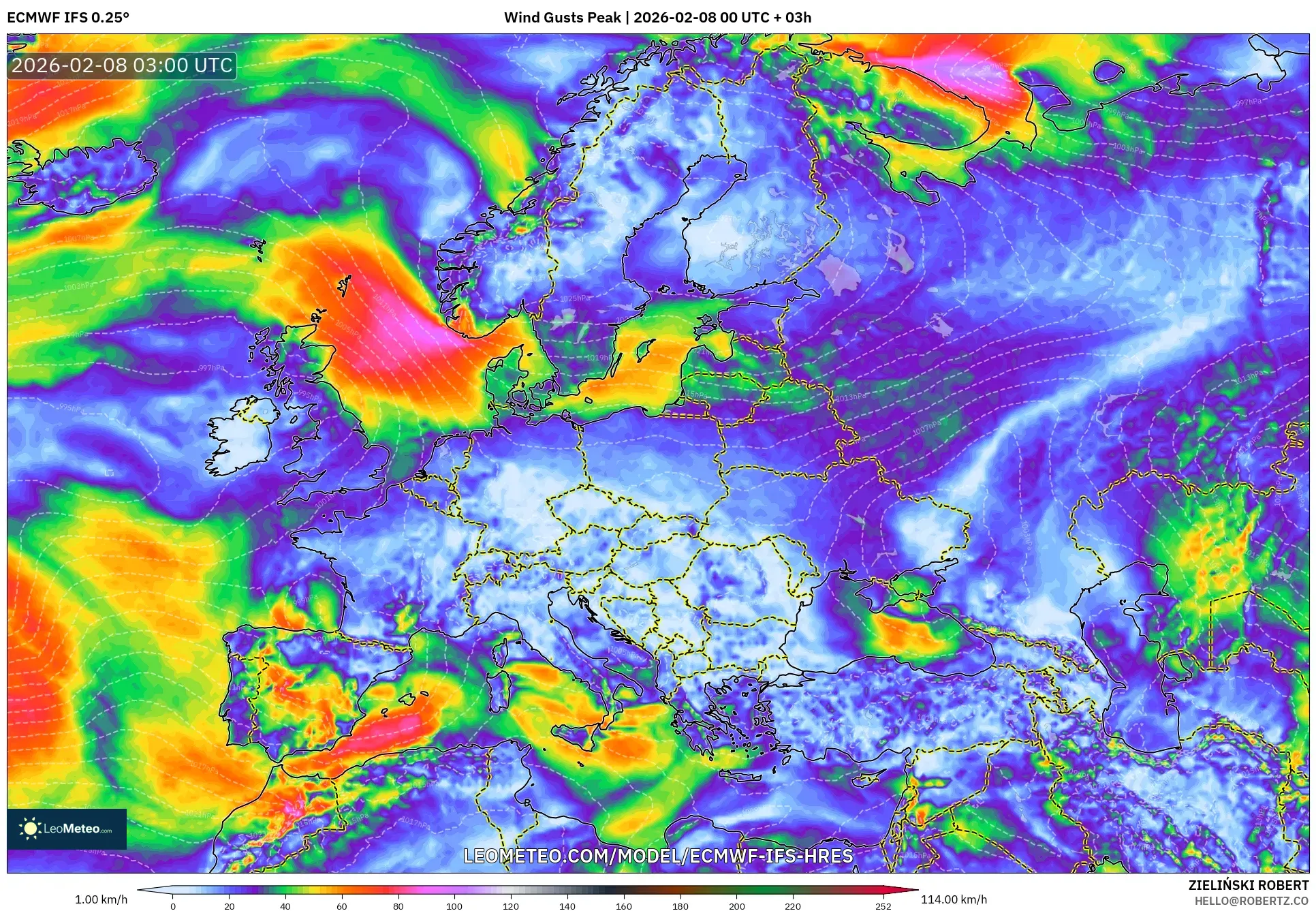 ECMWF IFS 0.25° model - Europe, Wind Gusts Peak