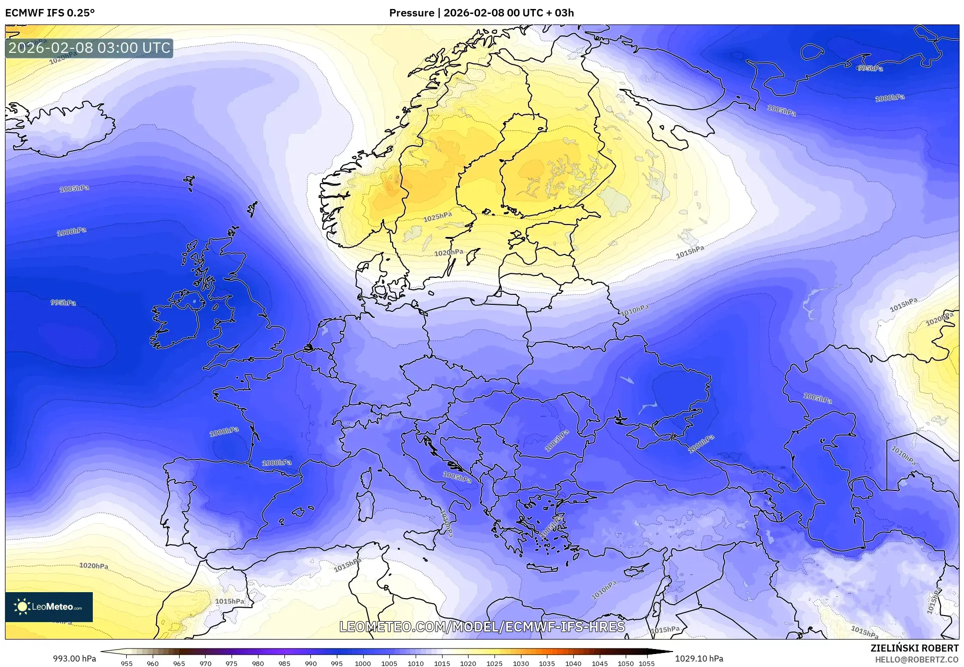 ECMWF IFS 0.25° model - Europe, Pressure