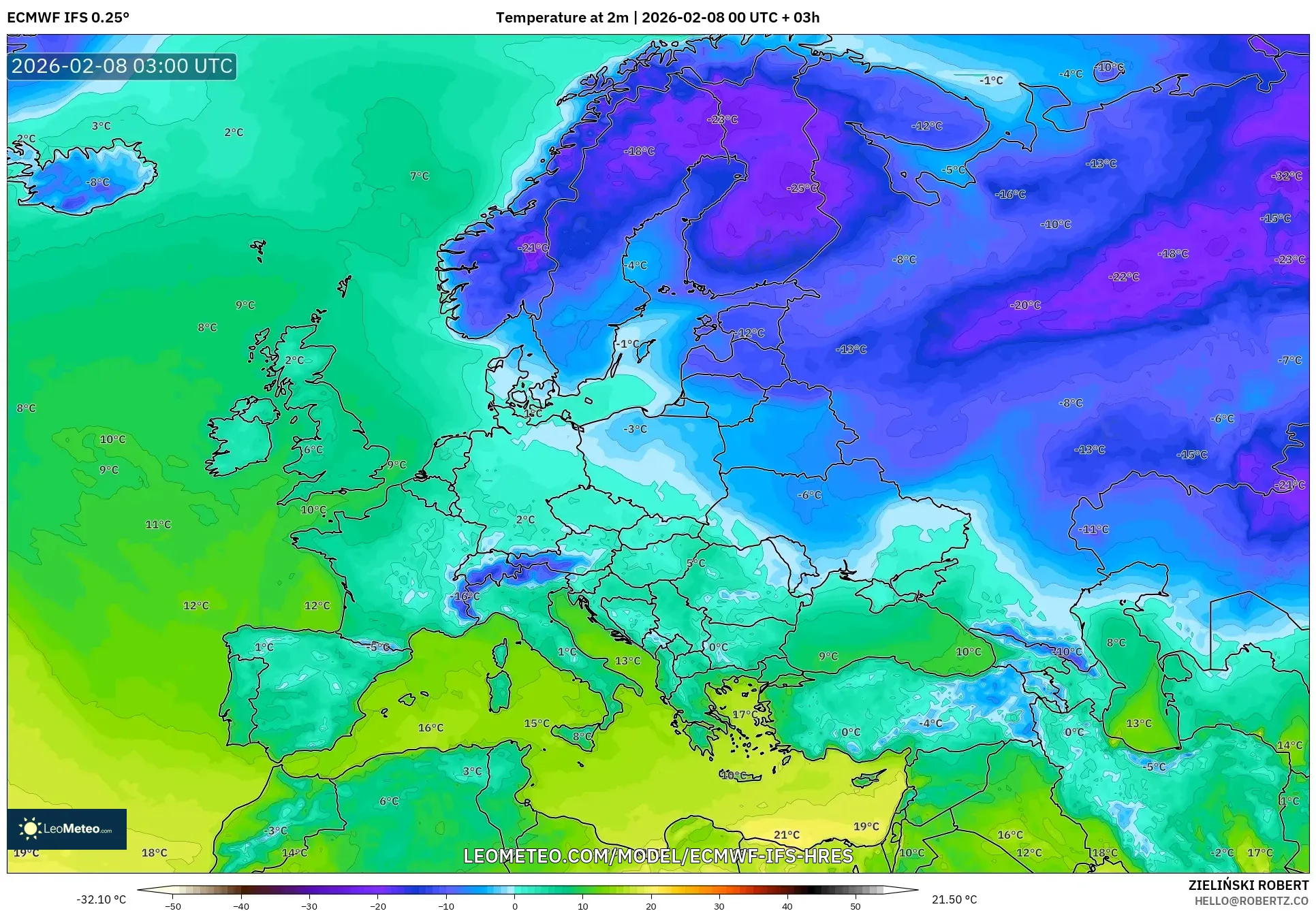 ECMWF IFS 0.25° model - Europe, Temperature at 2m