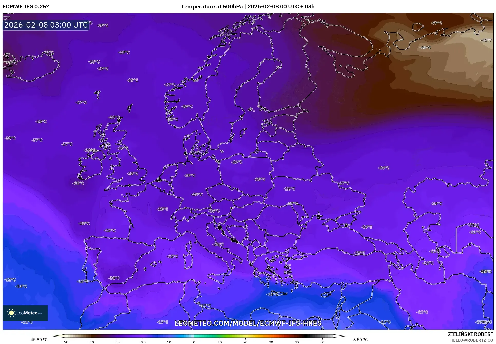 ECMWF IFS 0.25° model - Europe, Temperature at 500hPa
