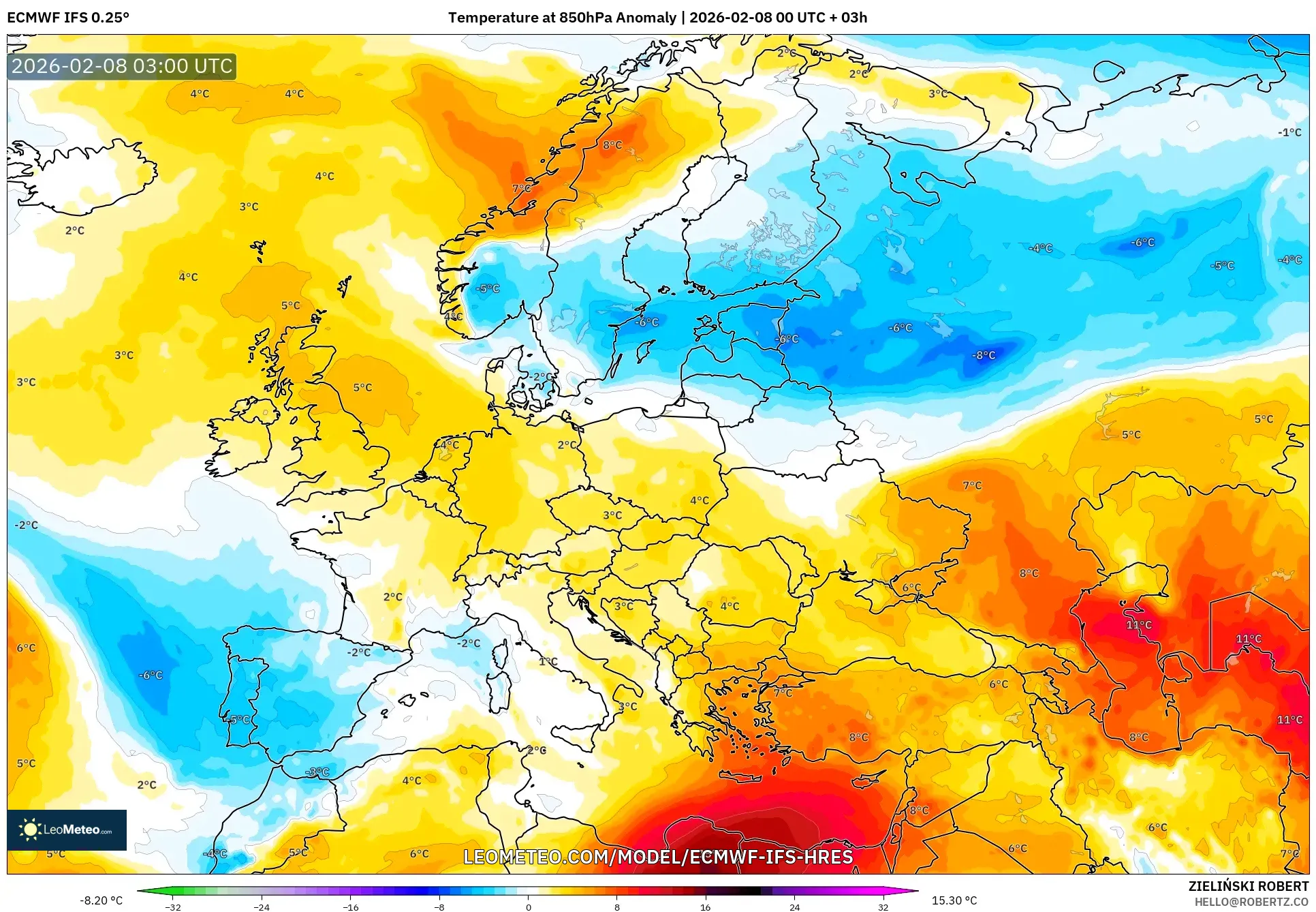 ECMWF IFS 0.25° model - Europe, Temperature at 850hPa Anomaly