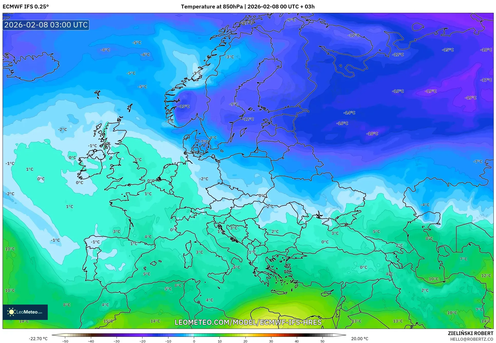 ECMWF IFS 0.25° model - Europe, Temperature at 850hPa