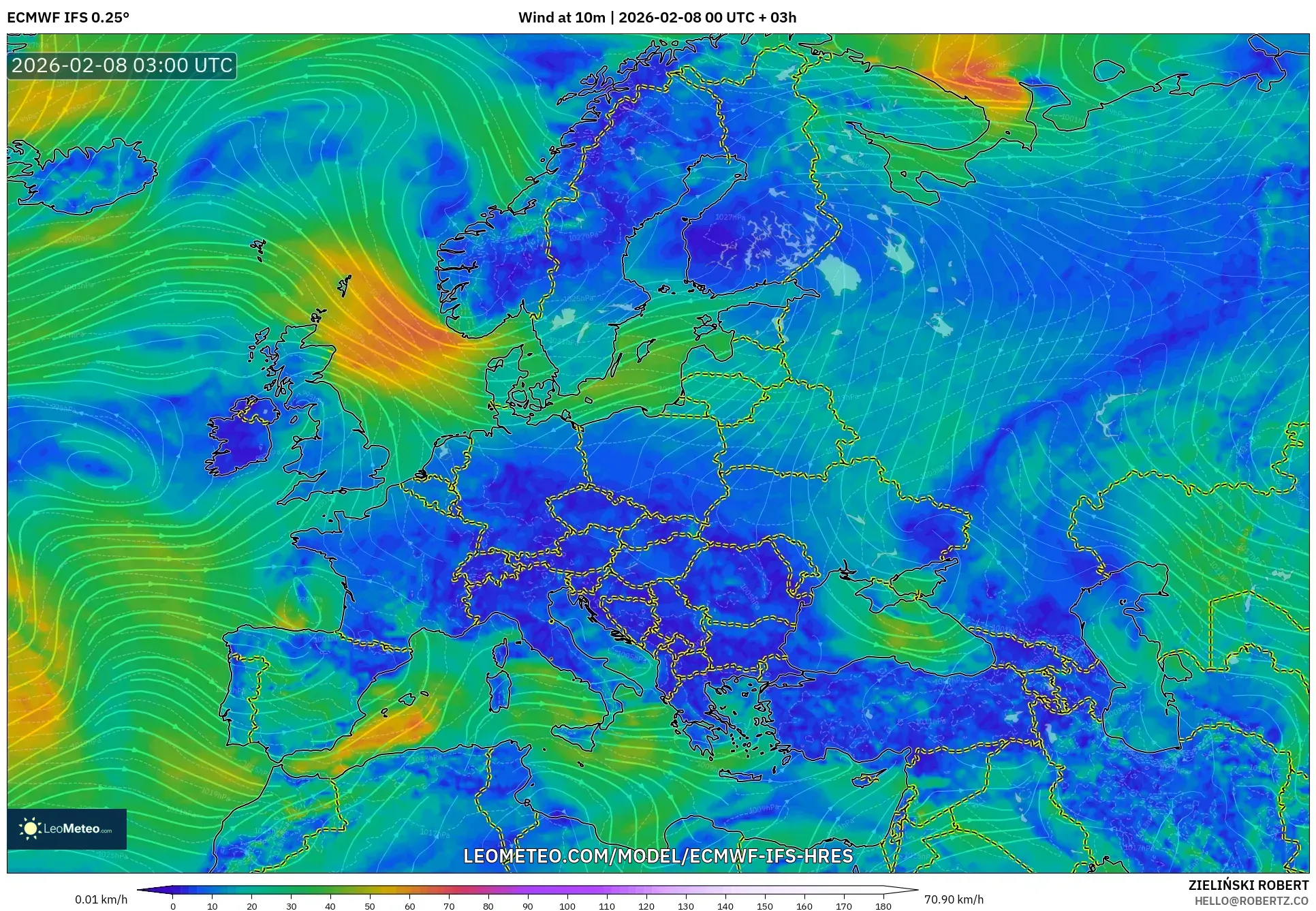 ECMWF IFS 0.25° model - Europe, Wind at 10m