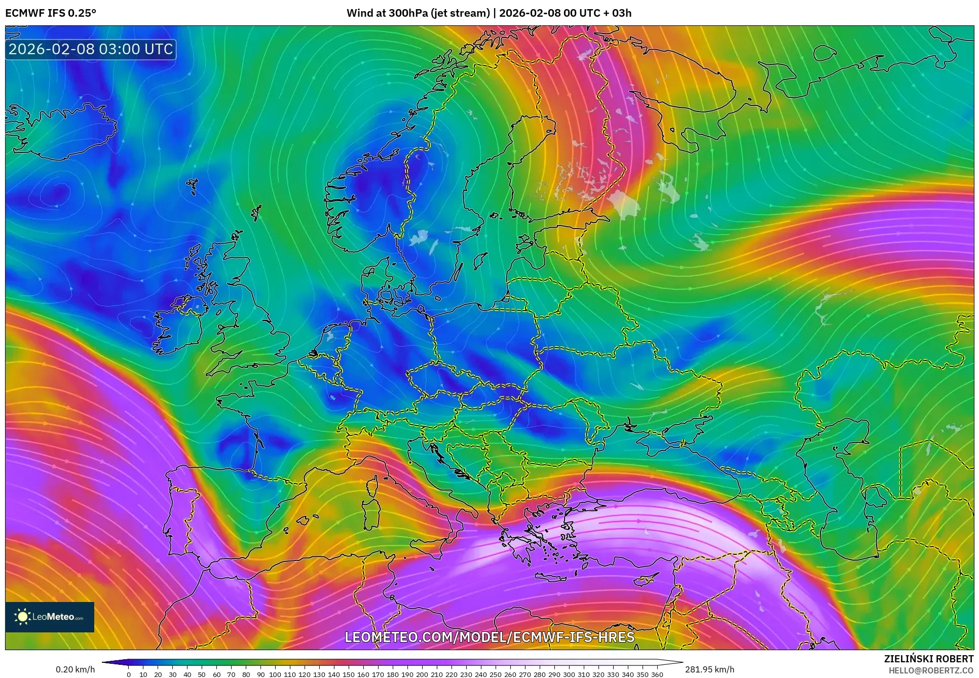 ECMWF IFS 0.25° model - Europe, Wind at 300hPa (jet stream)
