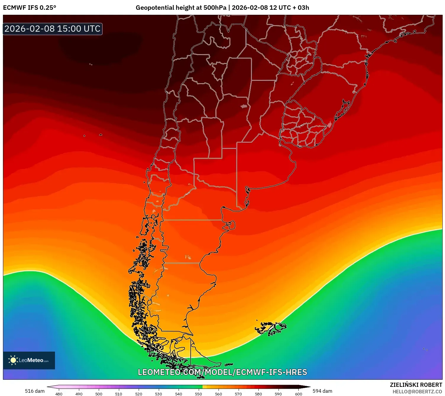 ECMWF IFS 0.25° model - Argentina, Geopotential height at 500hPa